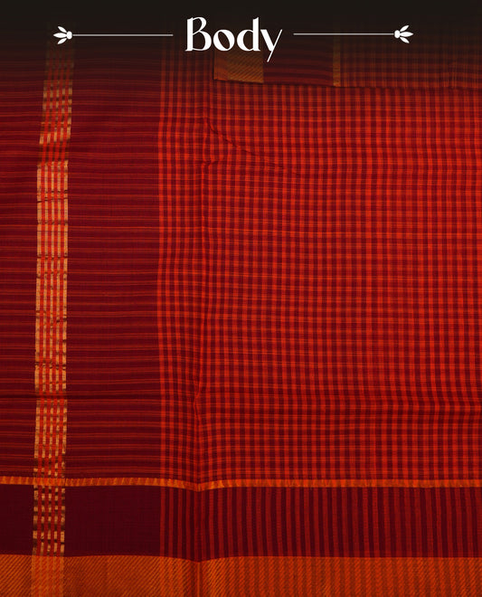 Orange  Mangalagiri cotton saree featuring elegant Maroon Checks  Pattern On Body, Complemented by Contrast Striped Pattern , Gold  zari border & Contrast  pallu, Paired With a matching blouse piece.