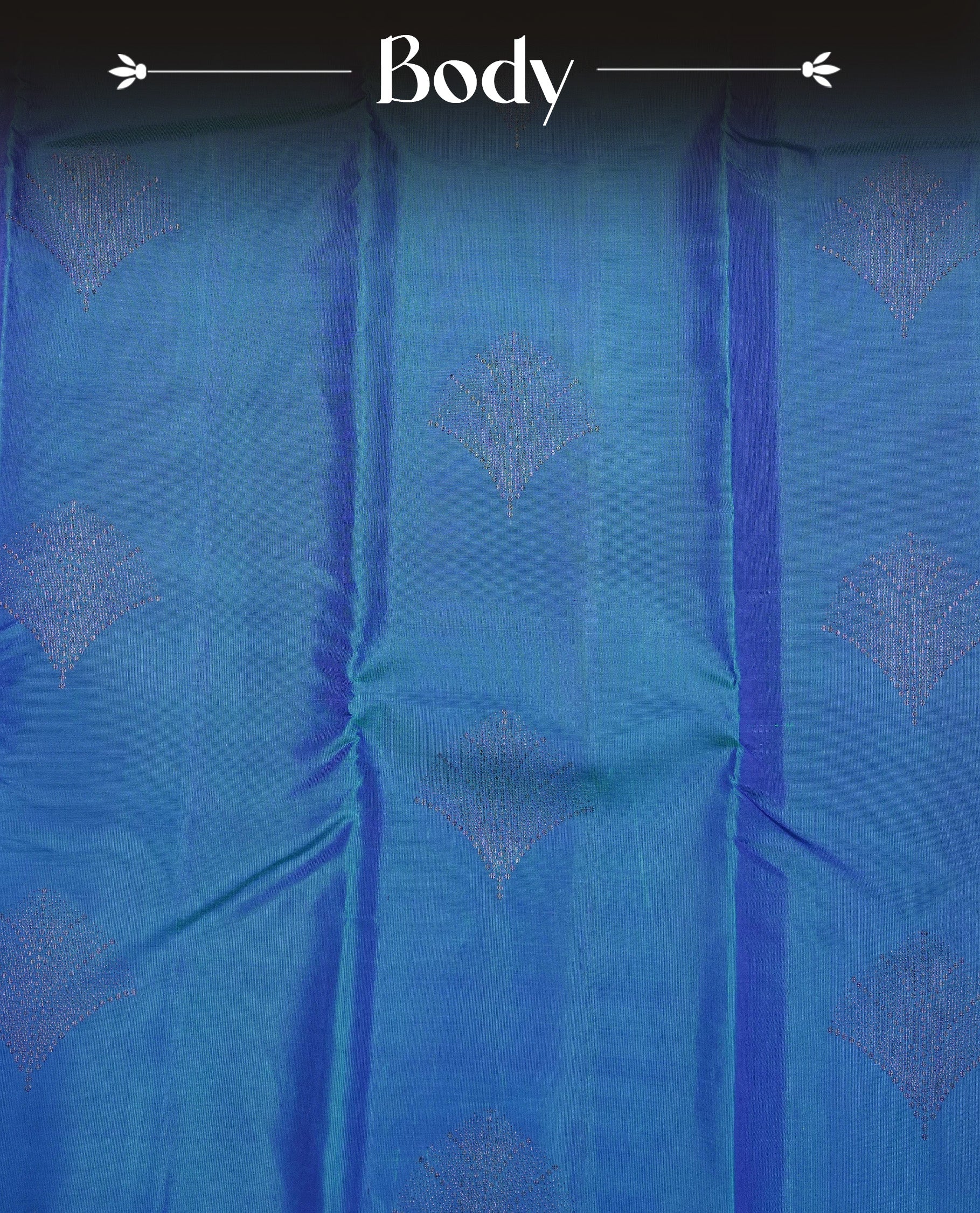 Peacock Blue  colour soft silk saree featuring  Leaf Motifs on body, complemented by contrast with Leaf Motifs  border, paired with matching blouse piece.