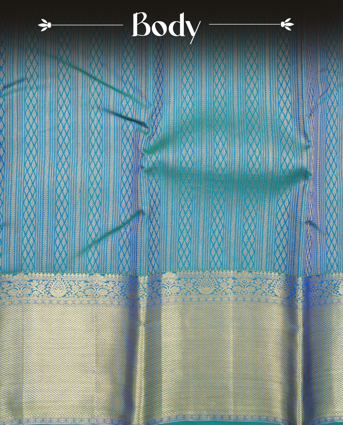 Peacock colour pure wedding silk saree featuring gold zari designed strips pattern on body, complemented by self colour with traditional border, comes with matching blouse piece.