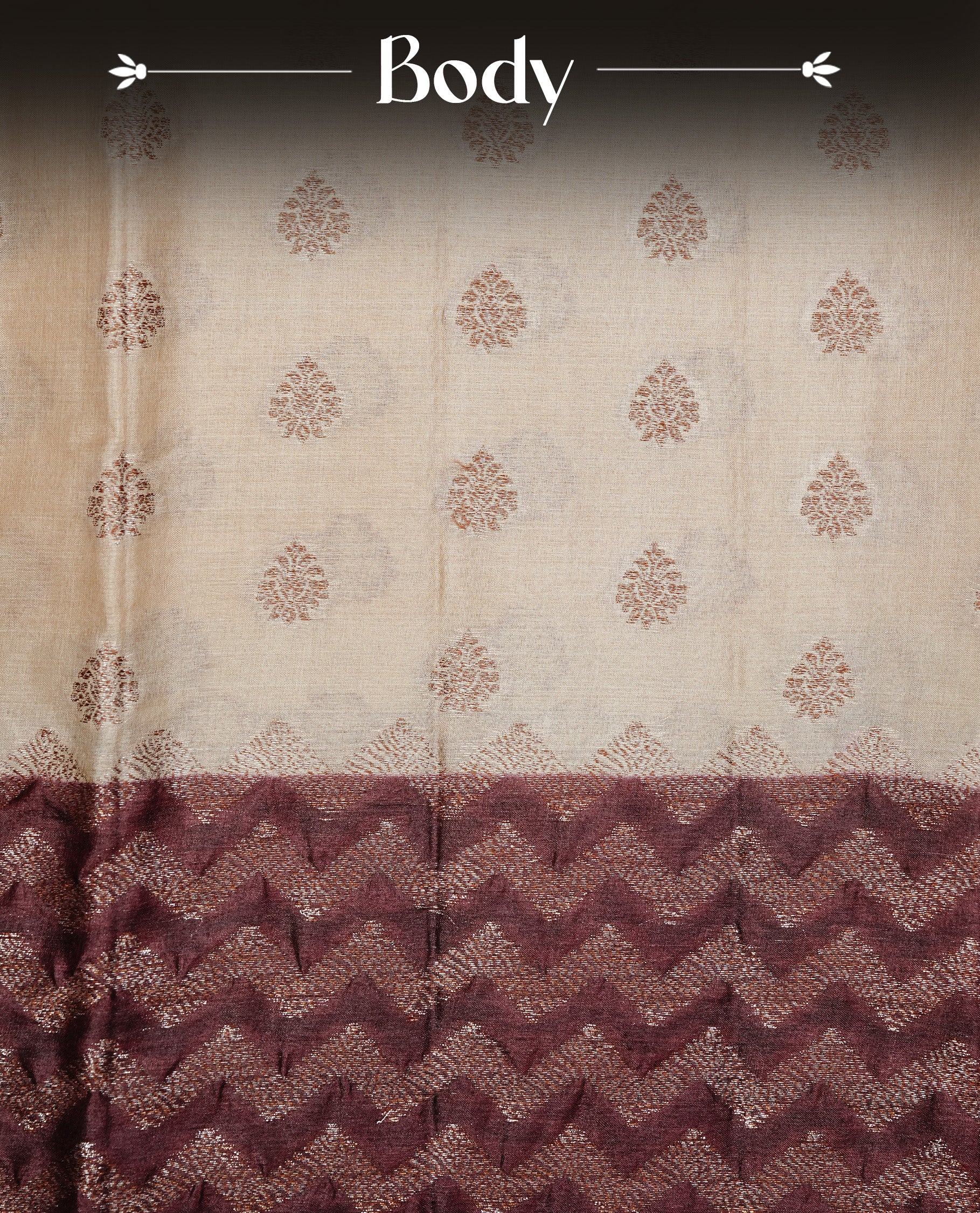 Cream Colour Tussar silk saree featuring Antique Zari motifs on body, Finished with contrast Chocolate colour Zigzag zari pattern border, paired with matching blouse piece.