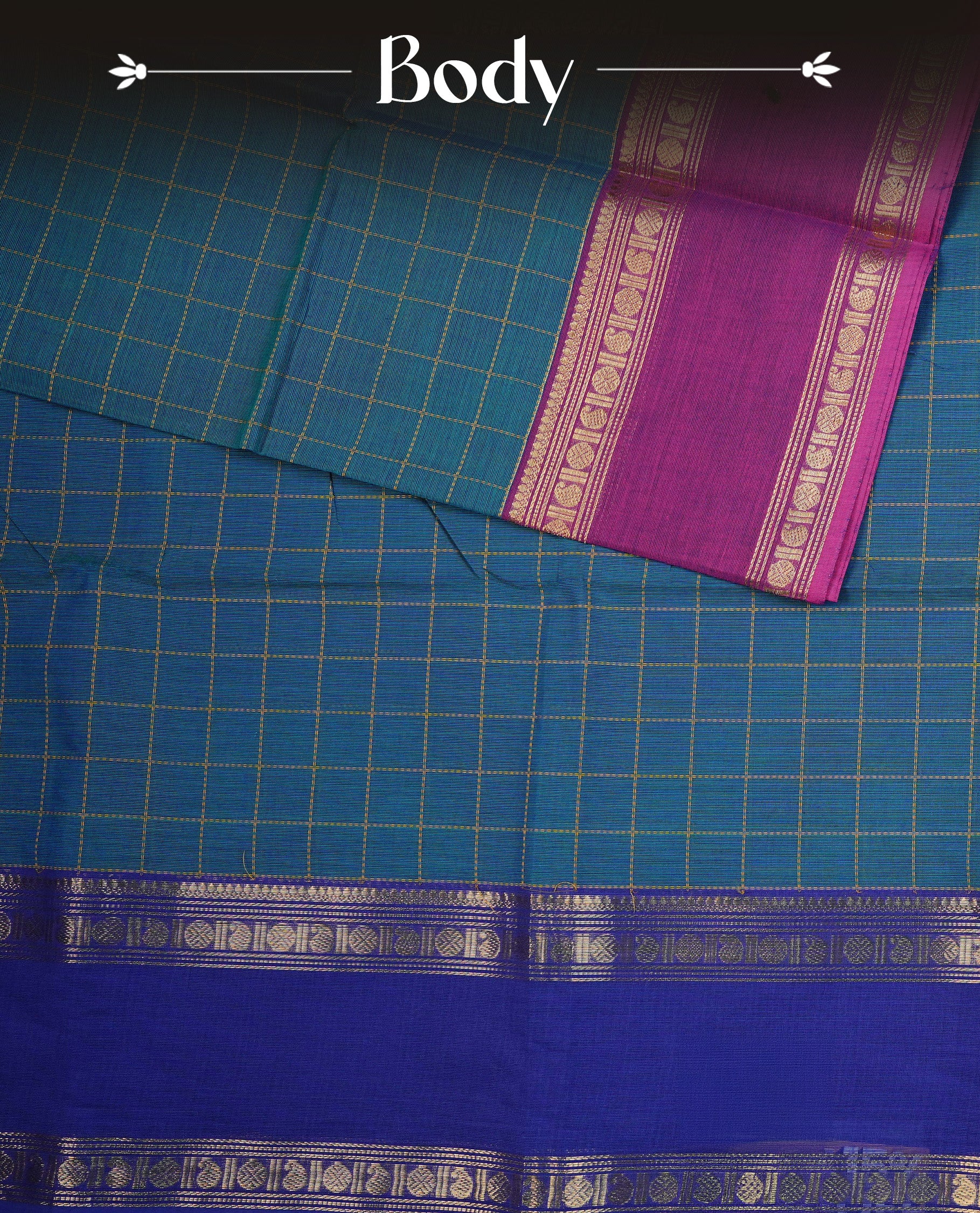 Peacock colour chettinad cotton saree featuring  Gold Zari Check Pattern  on body, complemented by Contrast Ink Blue Colour With Gold Zari border, paired with matching blouse piece.