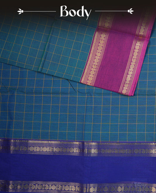 Peacock colour chettinad cotton saree featuring  Gold Zari Check Pattern  on body, complemented by Contrast Ink Blue Colour With Gold Zari border, paired with matching blouse piece.