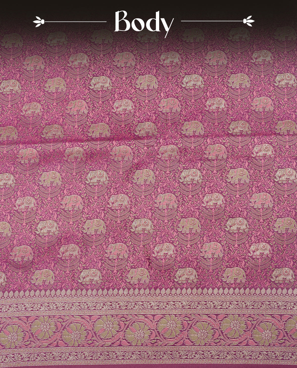 Maroon colour Mulberry silk saree featuring gold zari elephant & floral kodi pattern across body, complemented by self colour border with gold zari work, comes with matching blouse piece.