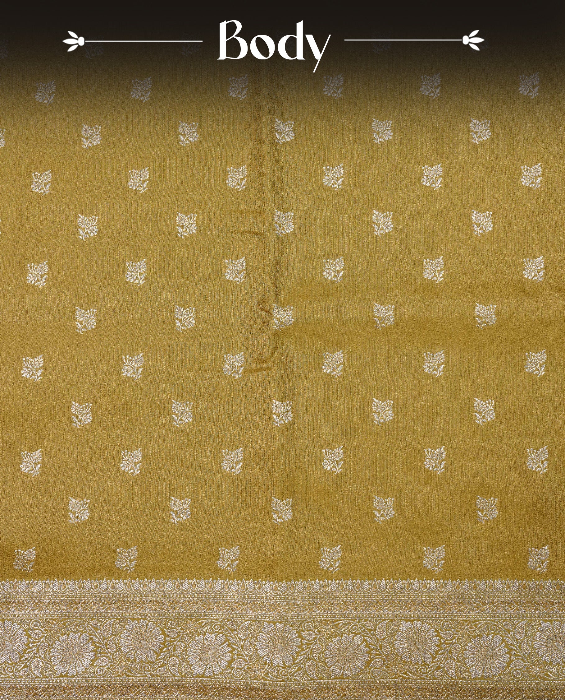 Olive colour Mulberry silk saree featuring gold zari motifs on body, complemented by contrast self colour with gold zari border, comes with matching blouse piece.