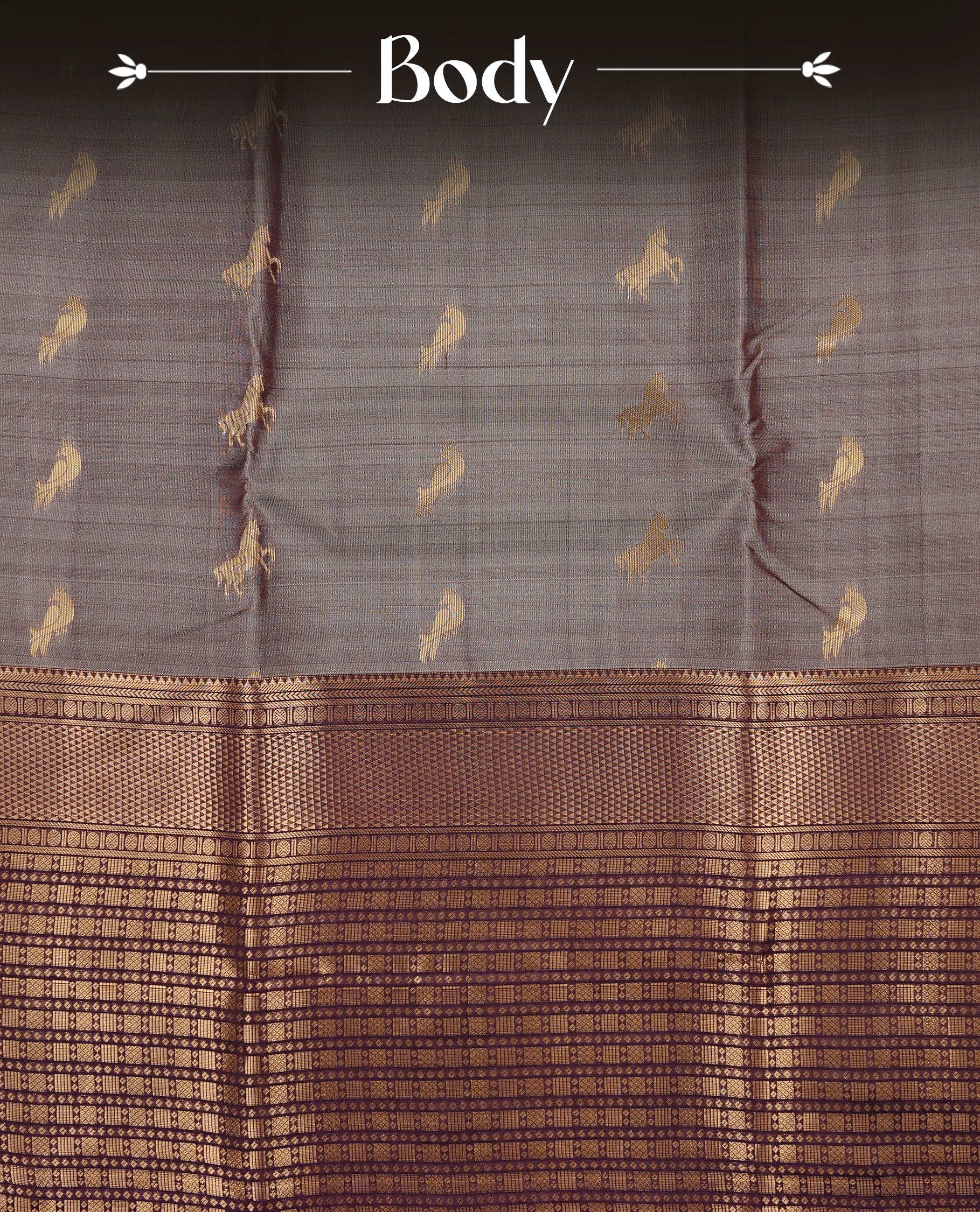 Grey colour Traditional Kancheepuram silk saree featuring gold zari motifs on body, enhanced with contrast Purple with traditional border, paired with matching blouse piece.