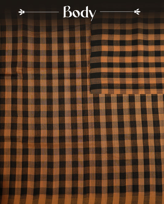 Black & Light Brown  Colour Mangalagiri cotton saree  Featuring Check Pattern On Body , WithOut border & Contrast Striped Pallu. Paired with a matching blouse piece