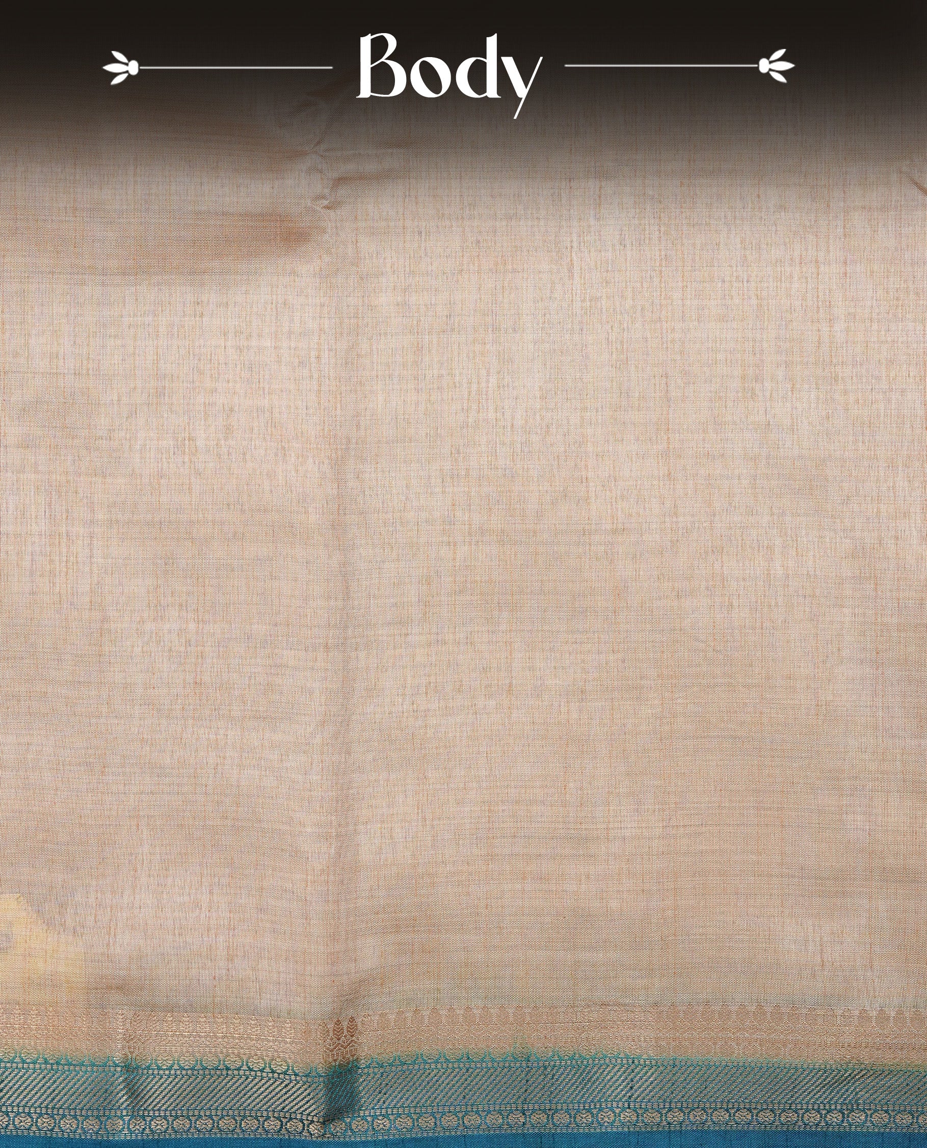 Light gold Colour Tussar saree featuring elegant plain body, complemented by contrast Blue colour with zari work border, comes with matching blouse piece.
