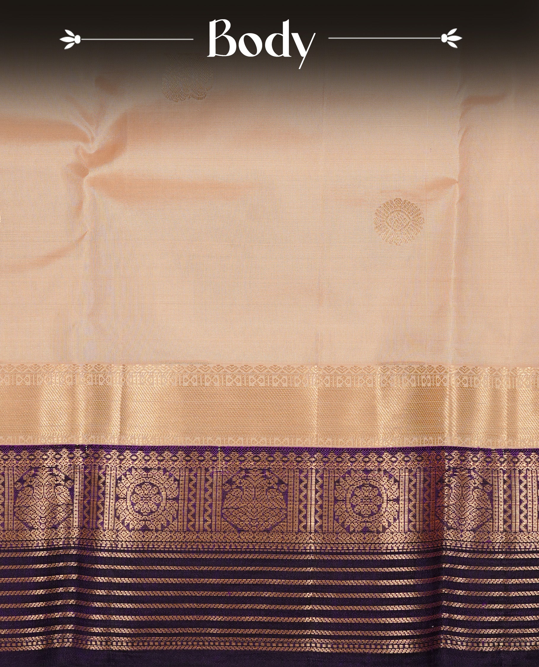 Cream colour Traditional Kancheepuram silk saree featuring gold zari motifs on body, enhanced with contrast purple with traditional border, paired with matching blouse piece.