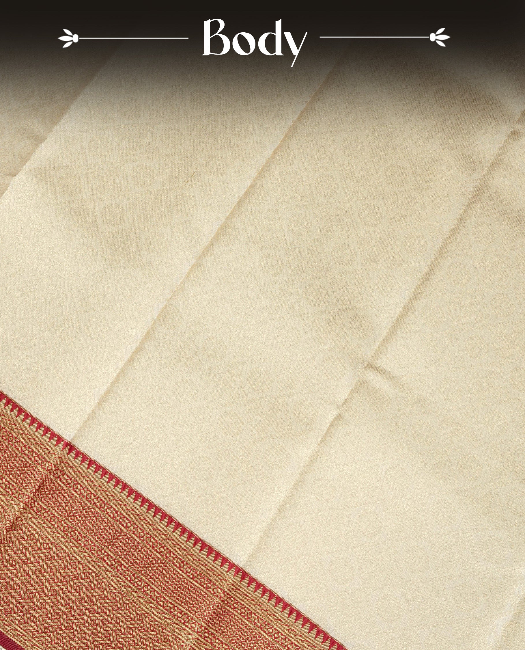 Cream Colour Semi Soft Silk Saree Featuring Gold zari Box With motifs Pattern On Body, Highlighted  by contrast Maroon border with Gold zari, paired with matching blouse piece.