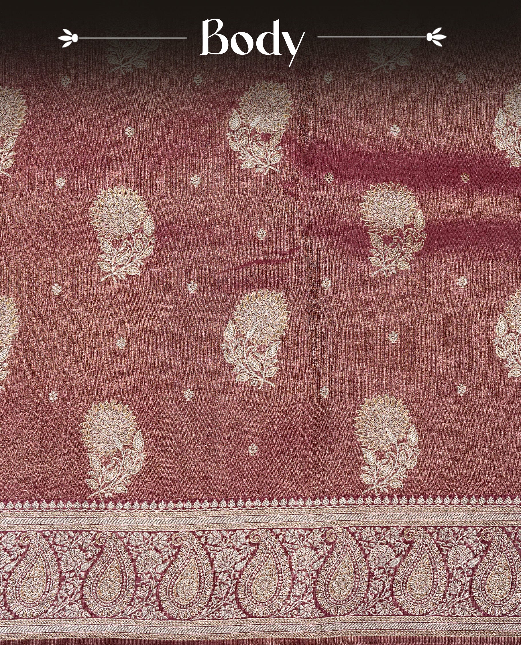 Maroon colour Mulberry silk saree featuring Gold zari small buttas & floral motifs  on body, complemented by self colour with Gold zari border, comes with matching blouse piece.