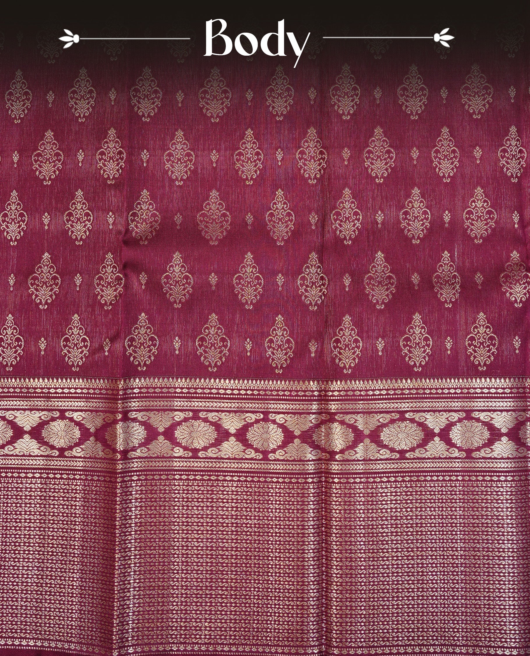 Wine Colour Pure Kancheepuram Silk Saree Featuring Gold Zari  Motifs on the Body, Highlighting a Traditional Gold Zari Border, Paired with a Matching Blouse Piece.