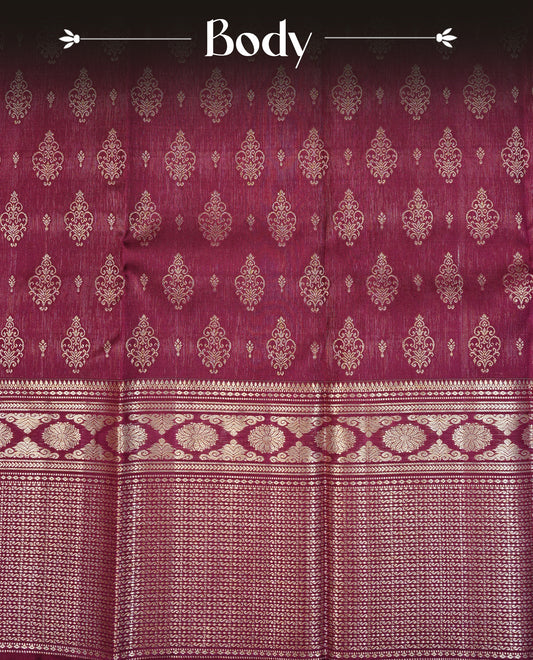Wine Colour Pure Kancheepuram Silk Saree Featuring Gold Zari  Motifs on the Body, Highlighting a Traditional Gold Zari Border, Paired with a Matching Blouse Piece.
