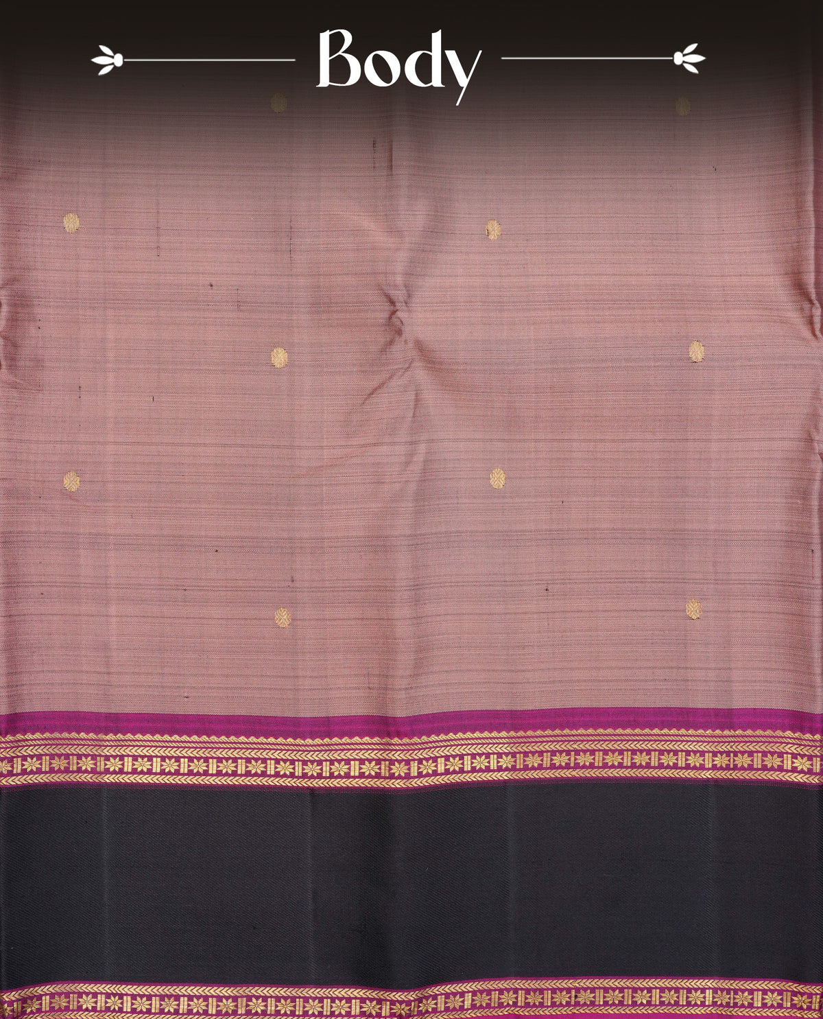 Pinkish beige colour Traditional kancheepuram silk saree featuring Plain body, contrast Black & Purple colour with simple traditional border, comes with matching blouse piece.