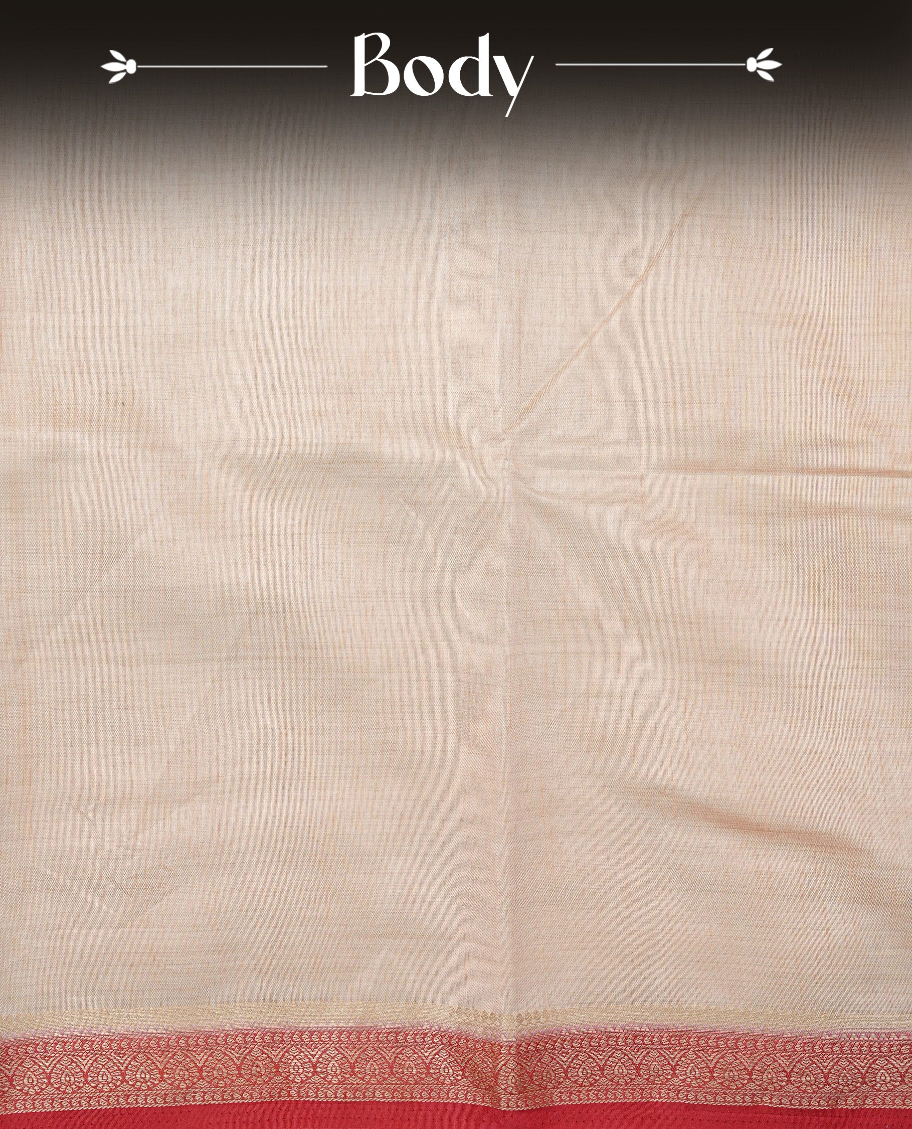 Cream colour Semi Tussar silk saree featuring an elegant plain body, accentuated by a contrast Red border adorned with intricate gold zari work, paired with a matching blouse piece.