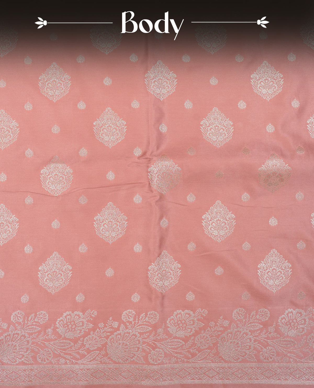 Peach colour Mulberry silk saree featuring light gold small buttas & big motifs onbody, complemented by self colour with Light gold zari floral Border, comes with matching blouse piece.