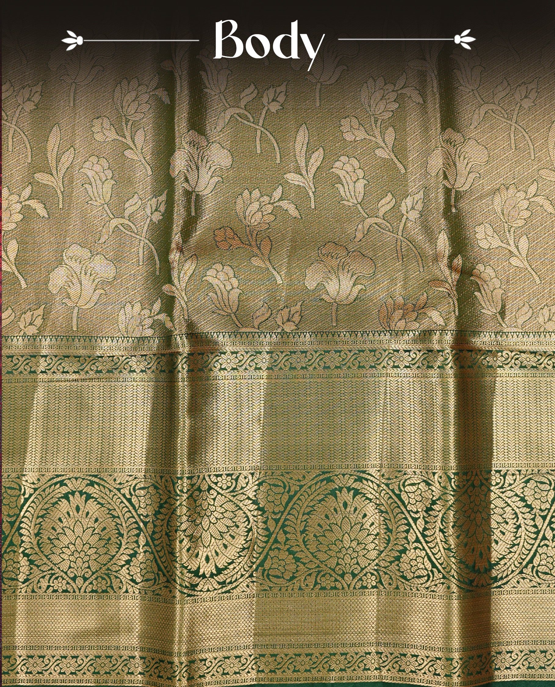 Green & Gold double shade Tissue saree featuring gold Zari pattern on body, complemented by traditional border on self colour, paired with matching blouse piece.