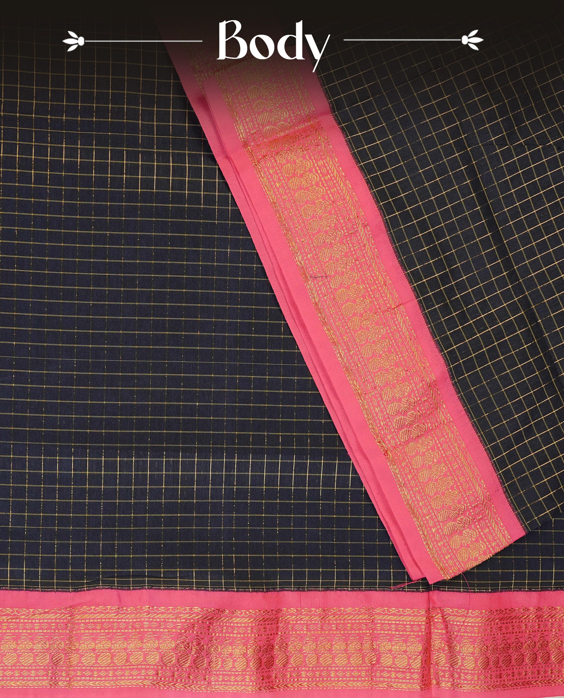Navy Blue colour Kalyani cotton saree featuring Gold zari check pattern on body, complemented by Contrast Purple colour with grand gold zari border & pallu, matching blouse piece