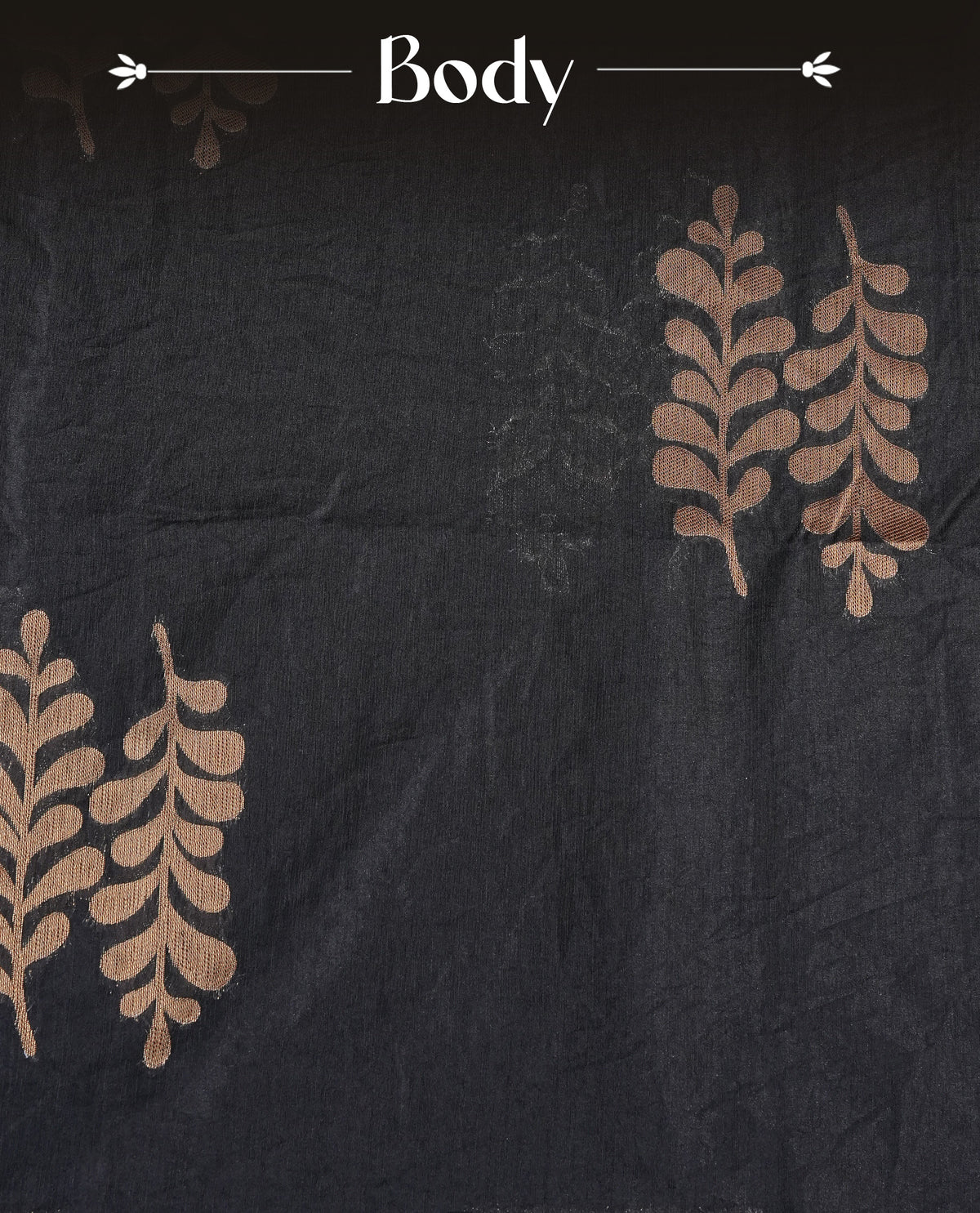 Black colour semi linen saree with elegant gold zari leaf motifs across the body, complemented by a contrast pallu and a borderless design, paired with a matching blouse piece.