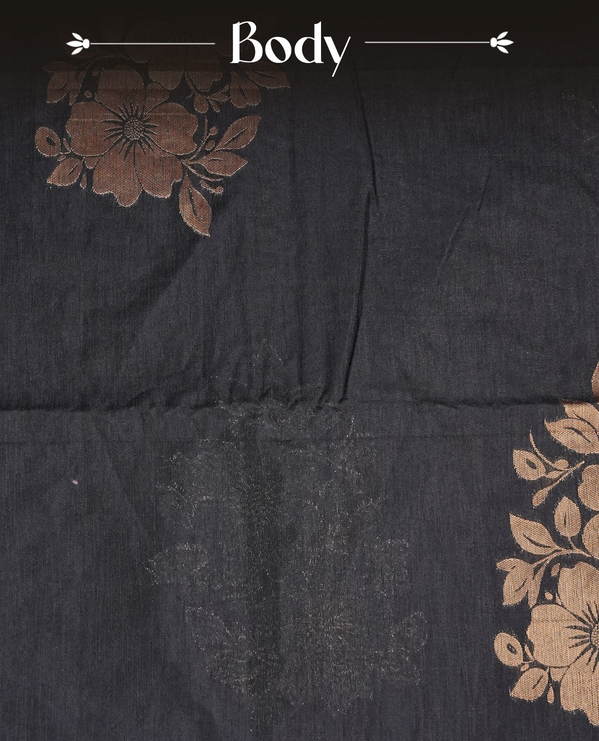 Black colour semi linen saree with elegant gold zari floral motifs across the body, complemented by a Red colour with grand gold zari contrast pallu  and a borderless design, paired with a matching blouse piece.