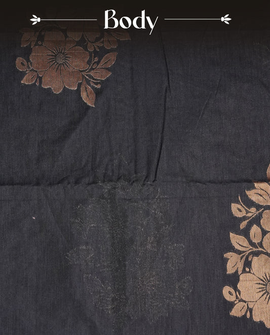 Black colour semi linen saree with elegant gold zari floral motifs across the body, complemented by a Red colour with grand gold zari contrast pallu  and a borderless design, paired with a matching blouse piece.