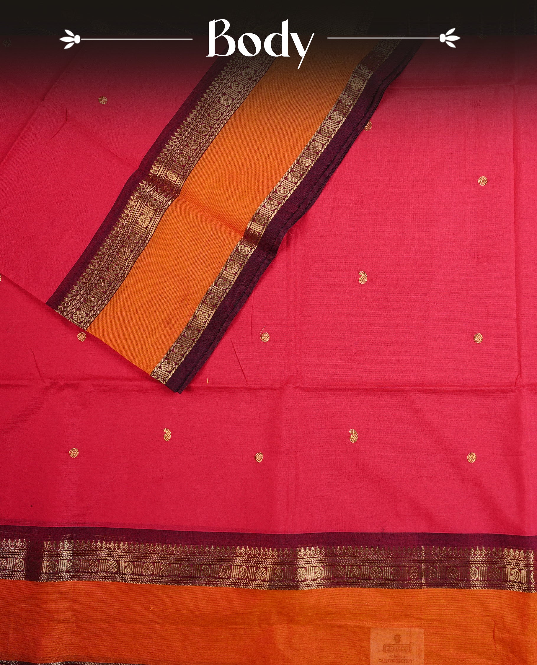 Rani Pink colour chettinad cotton saree featuring  Gold Motifs  on body, complemented by Contrast Rust Orange & Maroon  Colour With Gold Zari border, paired with matching blouse piece.