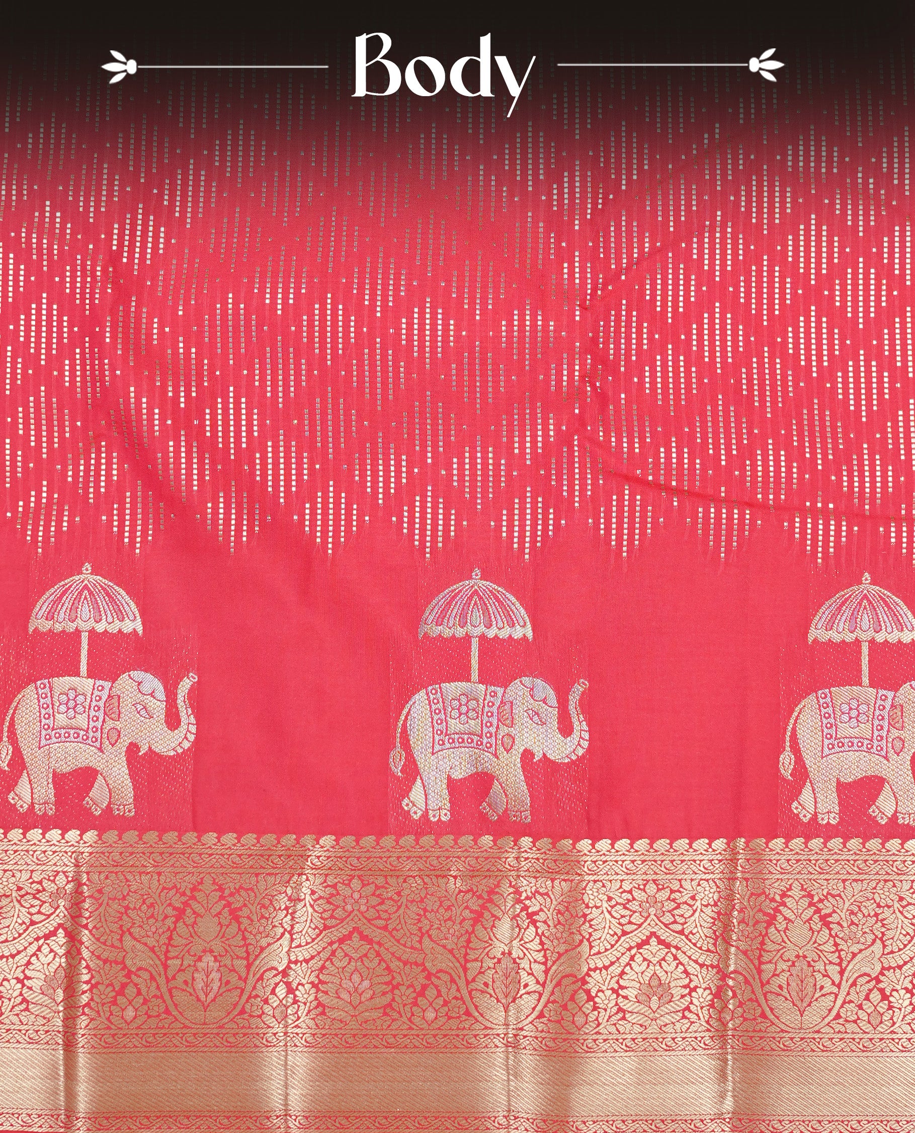 Pink Red colour semi wedding silk saree featuring Gold zari pattern on body, complemented Silver Elephant motifs & gold zari border, paired with matching blouse piece.