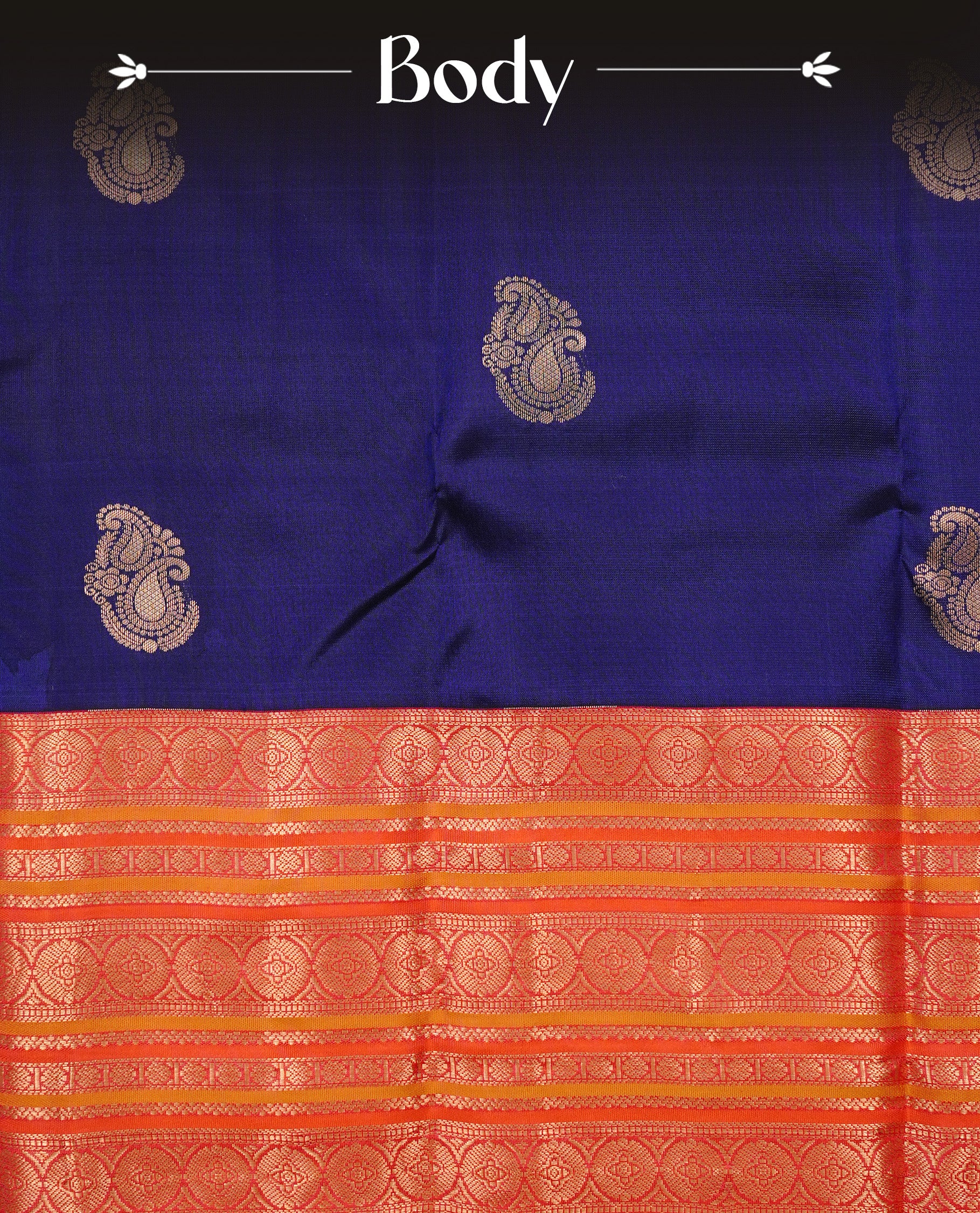 Navy Blue colour Traditional Kancheepuram silk saree featuring gold zari motifs on body, enhanced with contrast Red with traditional border, paired with matching blouse piece.