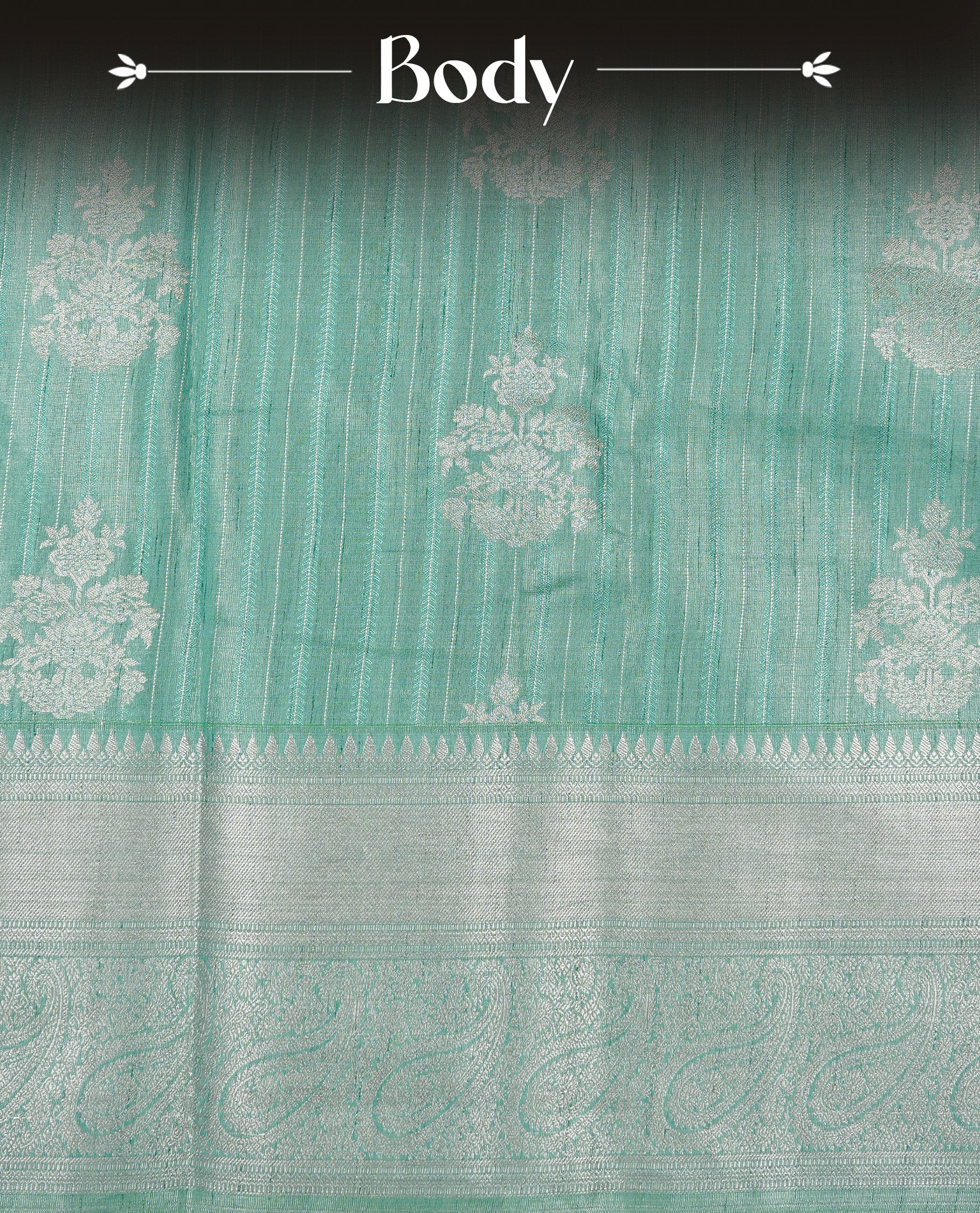 Aqua Green colour Tissue saree featuring Light gold Stripes With motifs on body, enhanced with self colour with traditional border, paired with matching blouse piece.