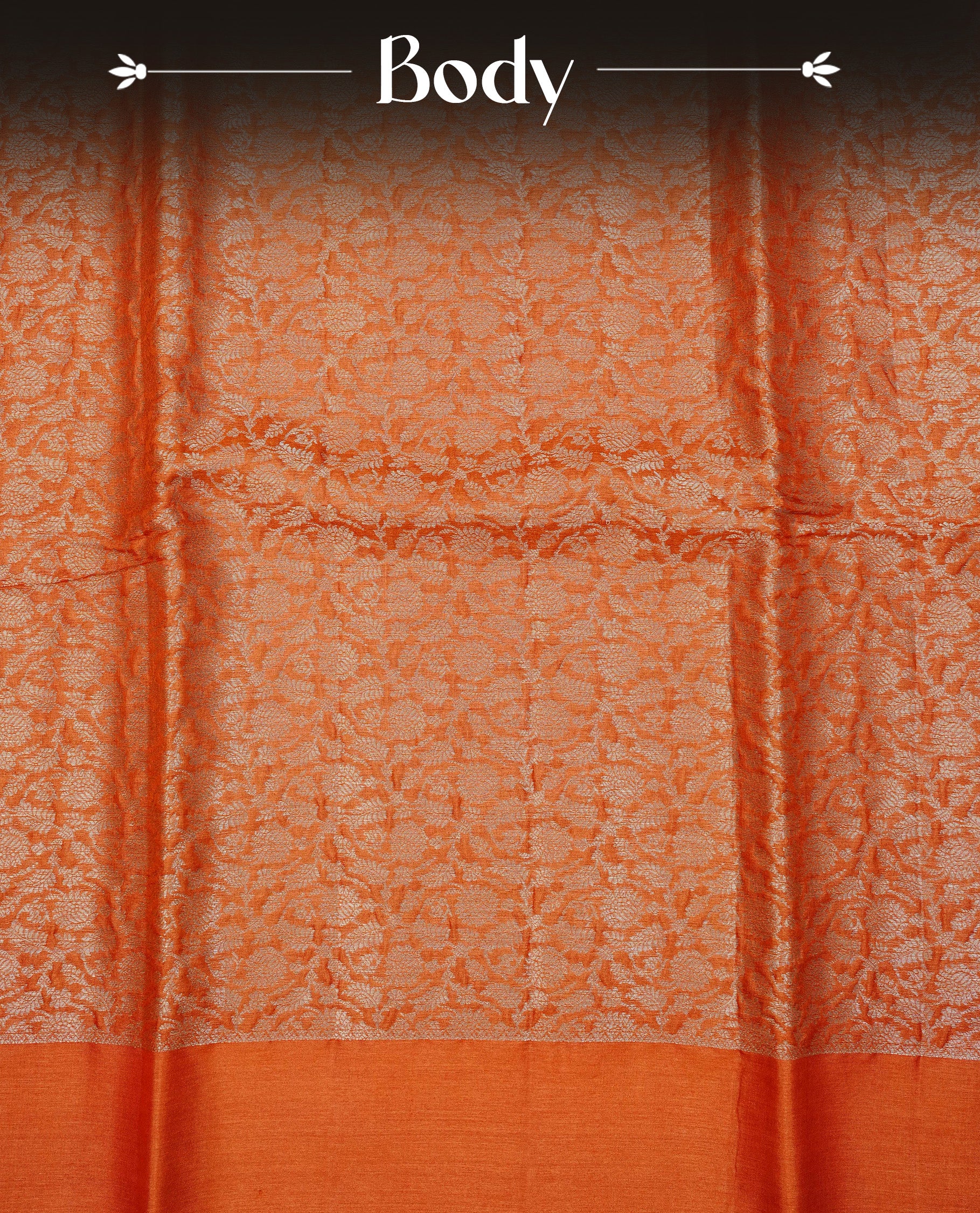 Burnt Orange  colour pure tussar silk saree featuring Light gold zari floral kodi work on the body, a plain border, grand pallu, Paired With  a matching blouse piece.