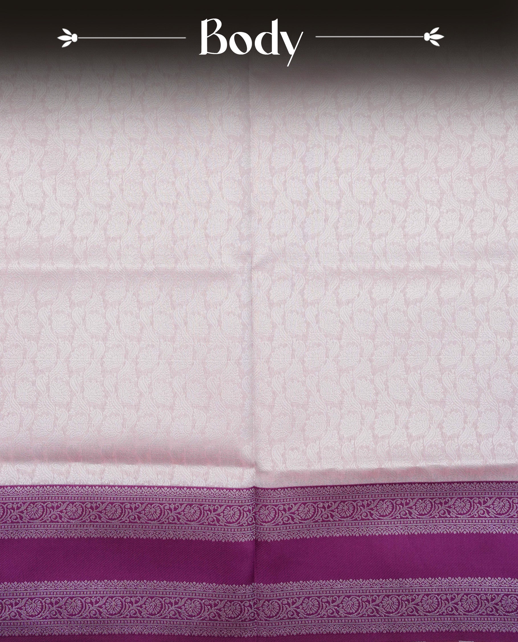 Baby pink colour semi silk saree featuring Silver zari Floral kodi pattern on body, complemented by contrast purple colour with silver zari border, comes with matching blouse piece.