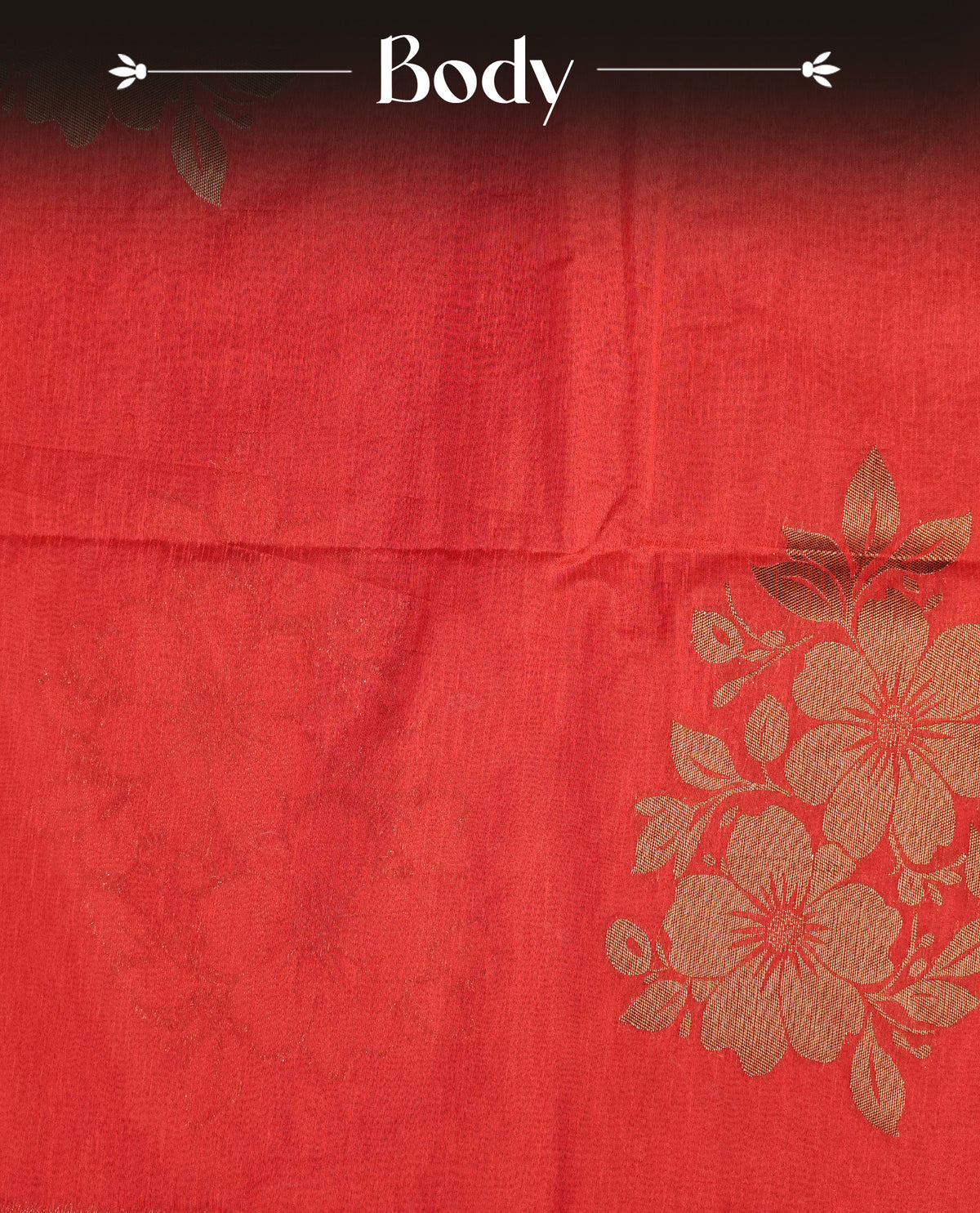 Red colour semi linen saree with elegant gold zari floral motifs across the body, complemented by a grand gold zari work with contrast pallu and a borderless design, paired with a matching blouse piece.