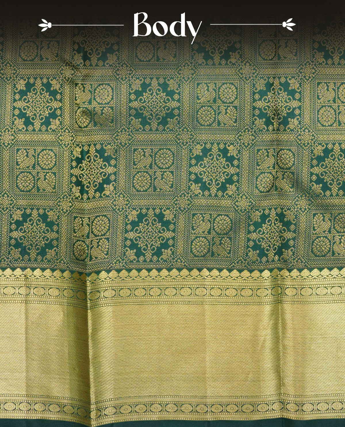Bottle green colour Pure Wedding silk saree featuring gold zari check with designed pattern on body, complemented by self colour with traditional border, comes with matching blouse piece.