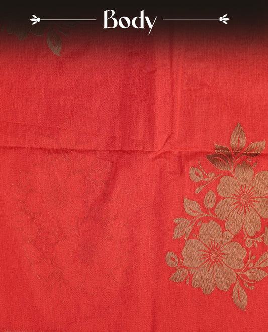 Red colour semi linen saree with elegant gold zari floral motifs across the body, complemented by a grand gold zari work with contrast pallu and a borderless design, paired with a matching blouse piece.