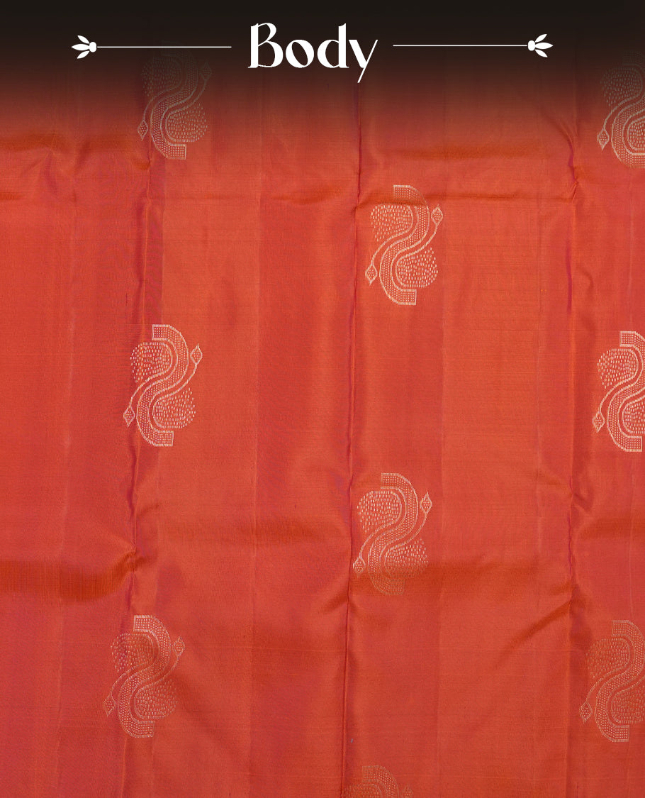 Burnt orange Colour Pure Kancheepuram Silk Saree having gold Floral pattern on Body without Border and matching Blouse