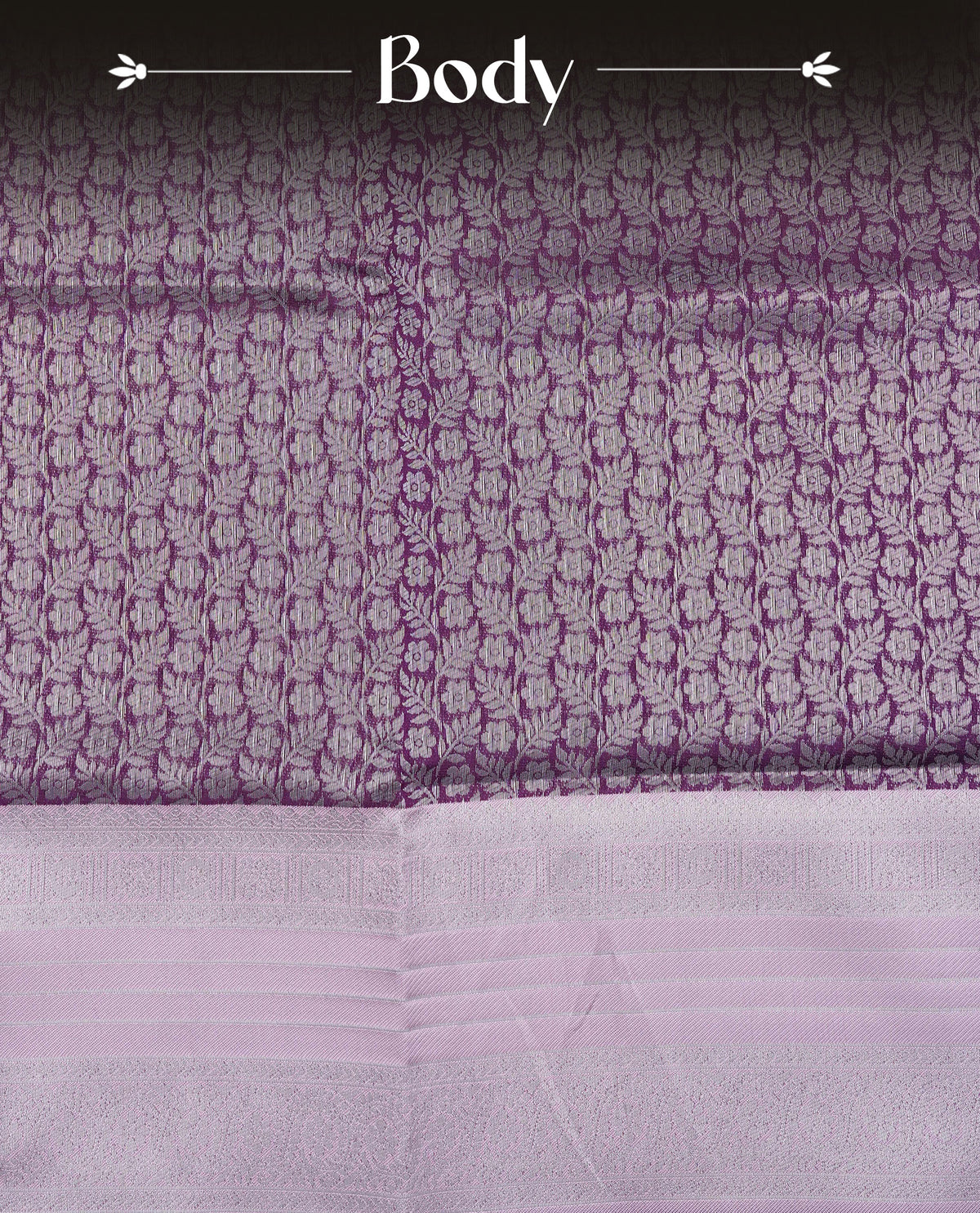 Purple colour semi silk saree featuring Silver zari Floral pattern on body, complemented by contrast Pink colour with silver zari border, comes with matching blouse piece.