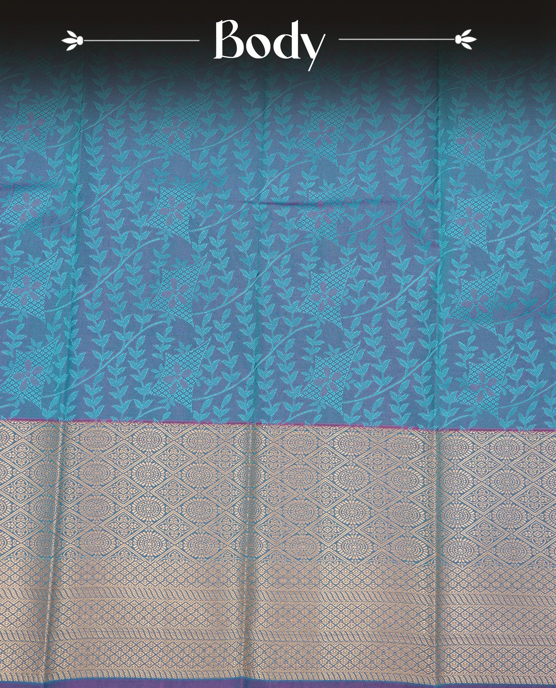 Green colour Semi silk saree Featuring Self colour zari motifs on body, complemented by contrast purple colour with gold zari border, paired with matching blouse piece.