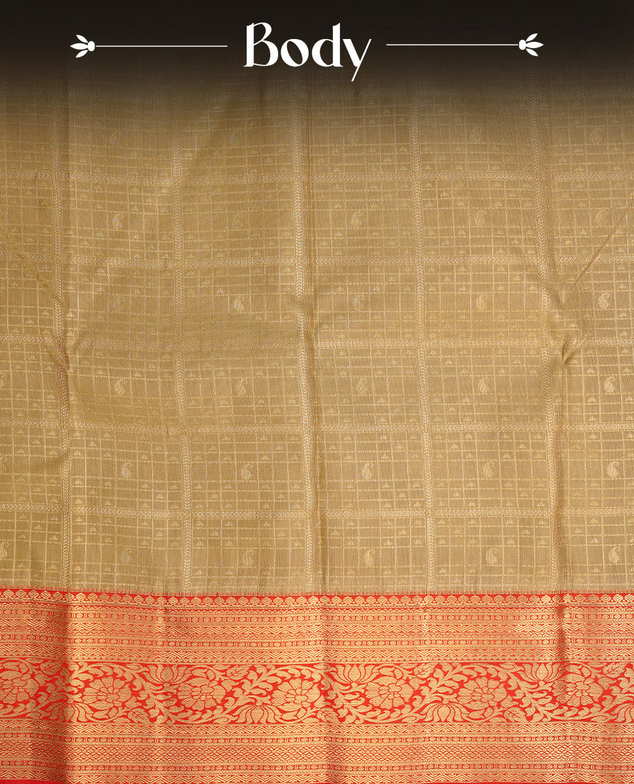 Light gold colour semi wedding saree featuring gold zari check with motifs on body, contrast red colour with traditional border, paired with matching blouse piece.