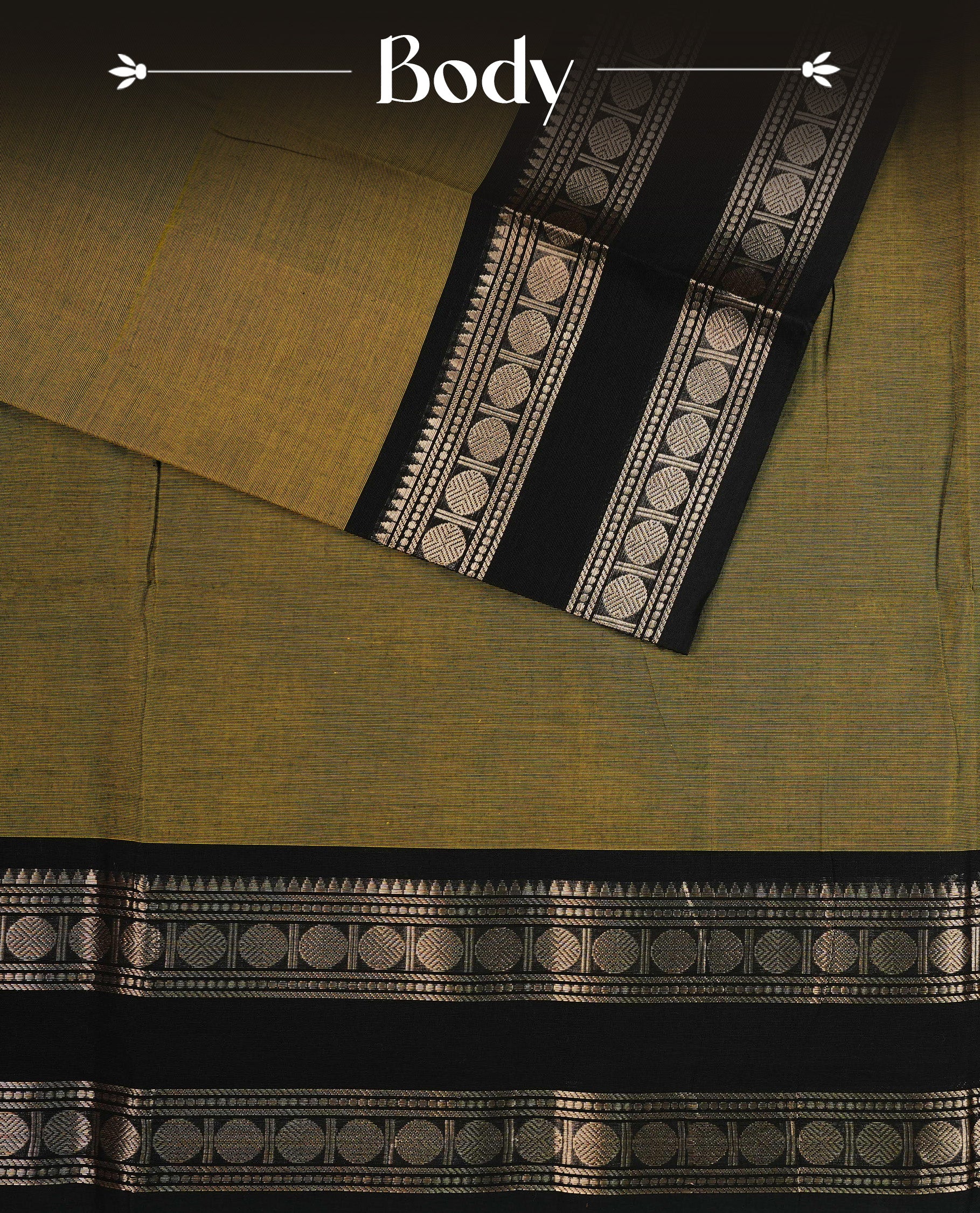 Olive colour chettinad cotton saree featuring Elegant plain body, complemented by contrast Black colour with Gold zari border, paired with matching blouse piece.
