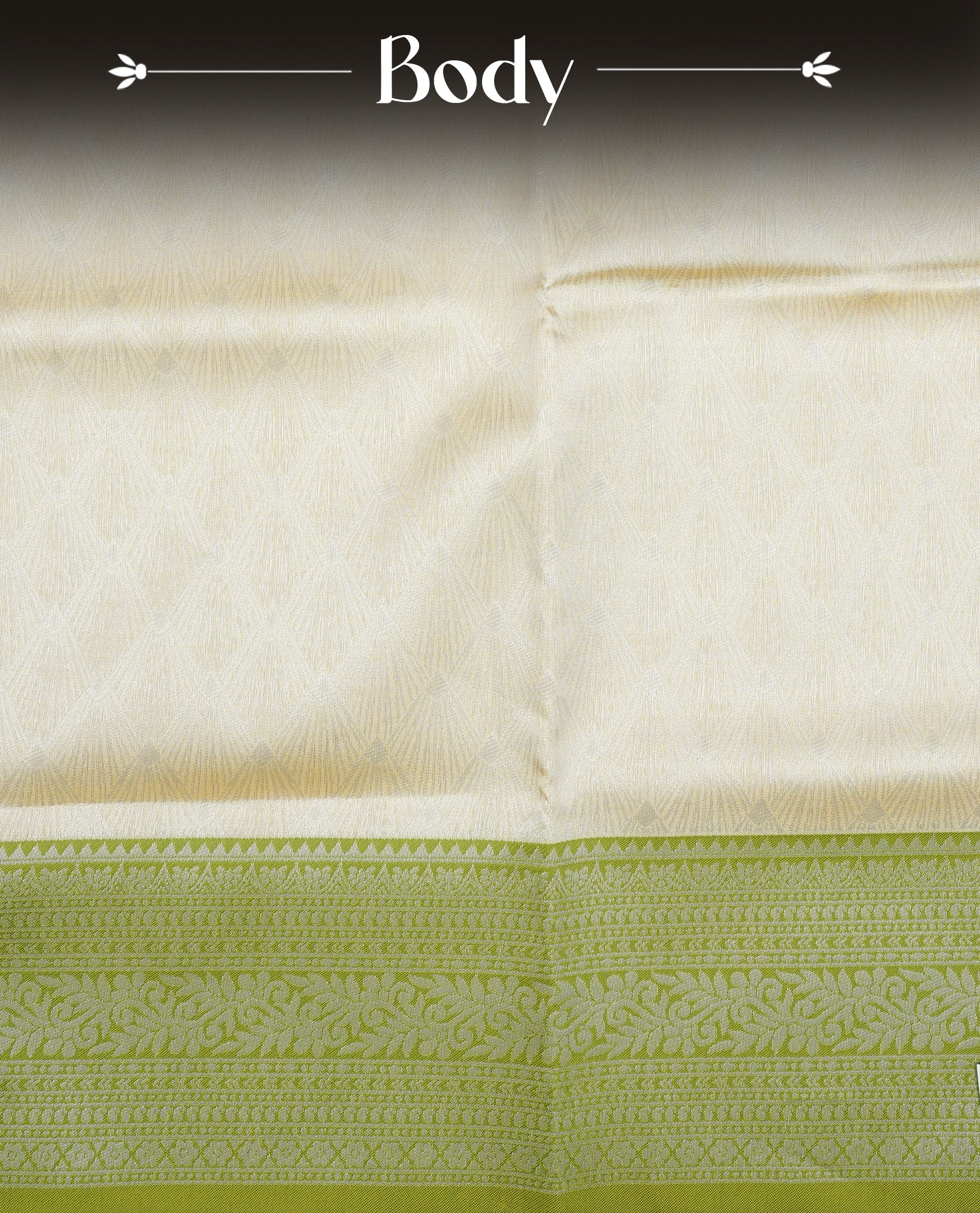 Pastel yellow colour semi silk saree featuring Silver zari pattern on body, complemented by contrast Green colour with silver zari border, comes with matching blouse piece.