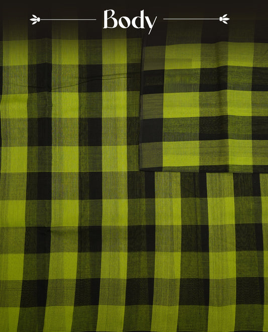 Black and green Colour  Mangalagiri cotton saree with a bold checked body & striped pallu, Paired with a matching blouse piece.
