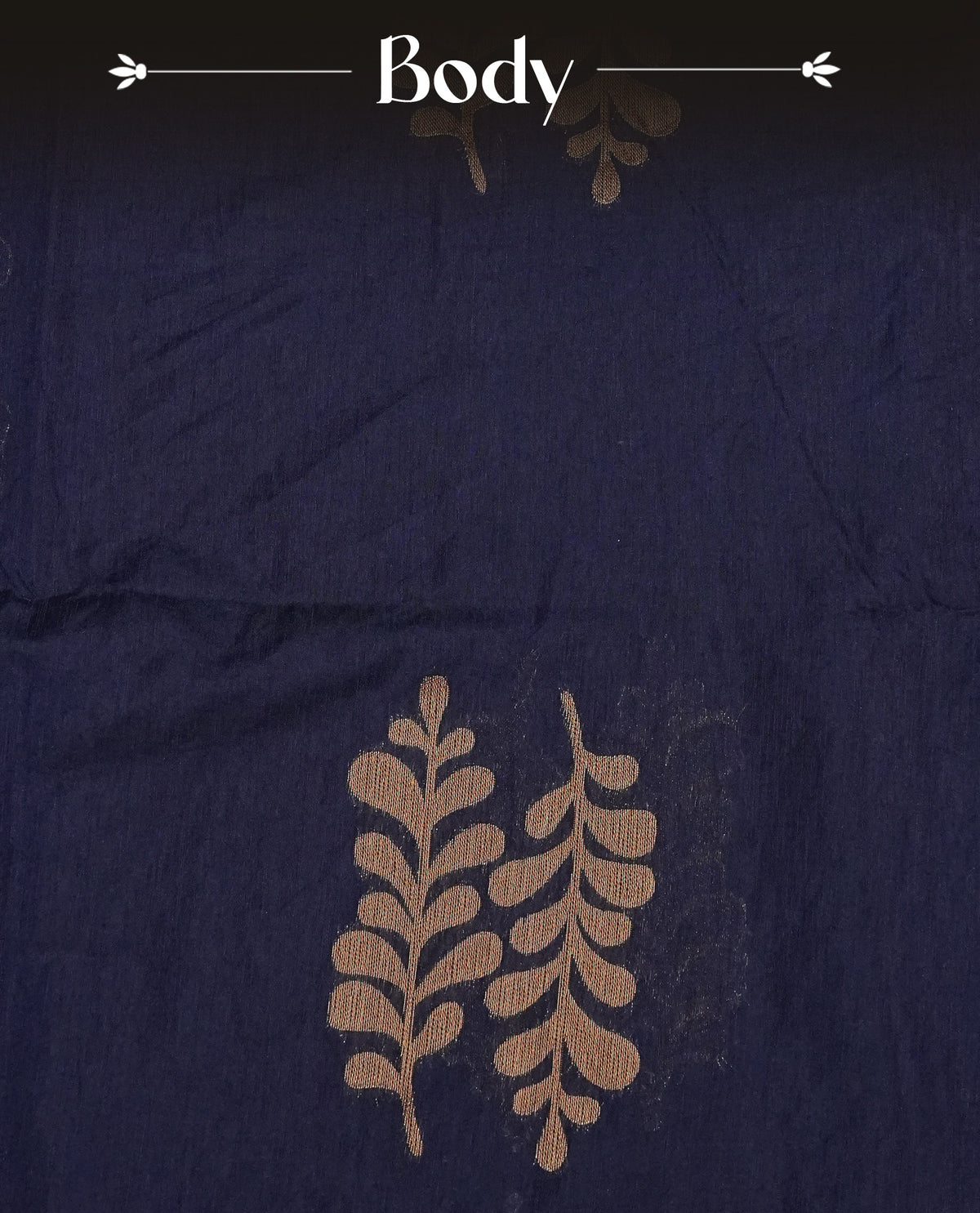 Navy blue colour semi linen saree with elegant gold zari Leaf motifs across the body, complemented by a contrast colour with grand gold zari pallu and a borderless design, paired with a matching blouse piece.