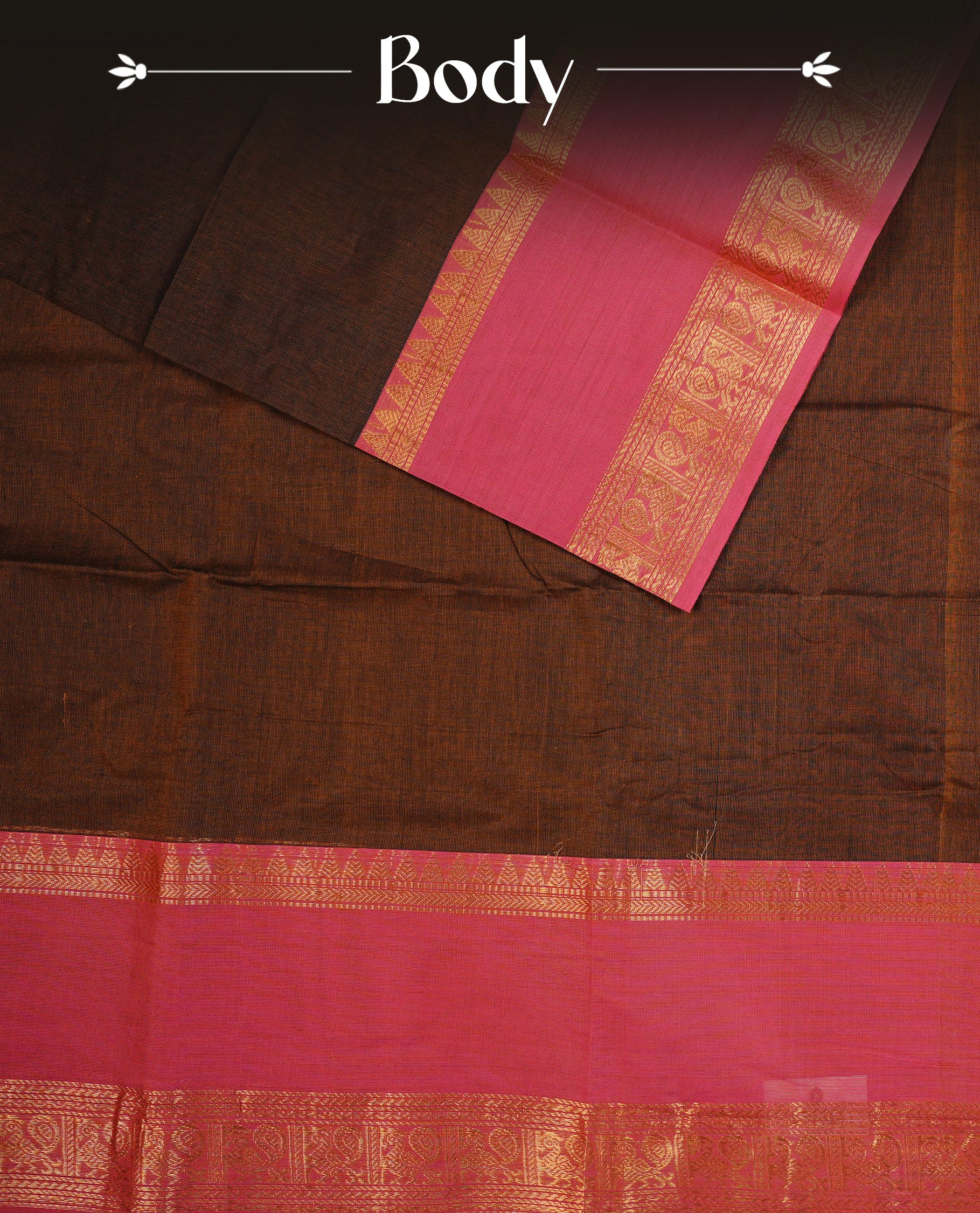 Brown colour chettinad cotton saree featuring Elegant plain body, complemented by contrast Magenta With Gold zari Border, paired with Matching blouse piece.