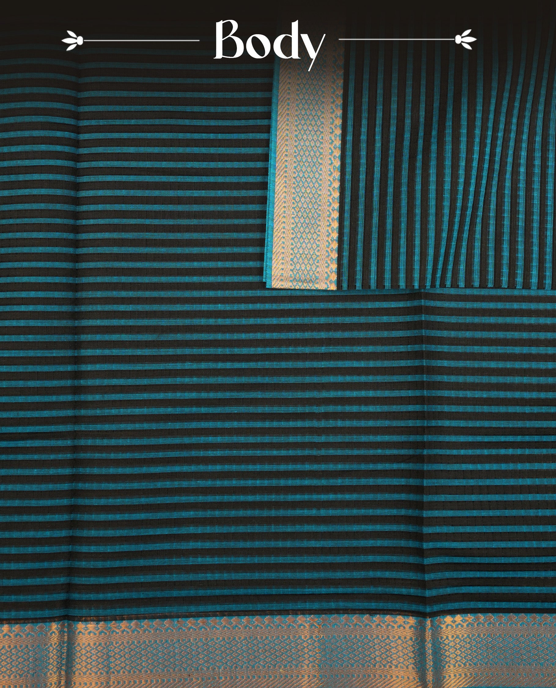 Black  Colour Mangalagiri cotton saree featuring elegant blue stripes Across The Body , a Two Inch Gold  zari border & Gold Zari Pallu, Paired With a matching blouse piece.
