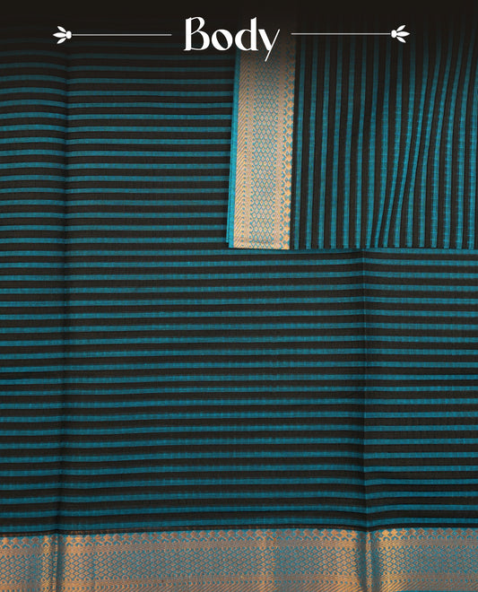 Black  Colour Mangalagiri cotton saree featuring elegant blue stripes Across The Body , a Two Inch Gold  zari border & Gold Zari Pallu, Paired With a matching blouse piece.
