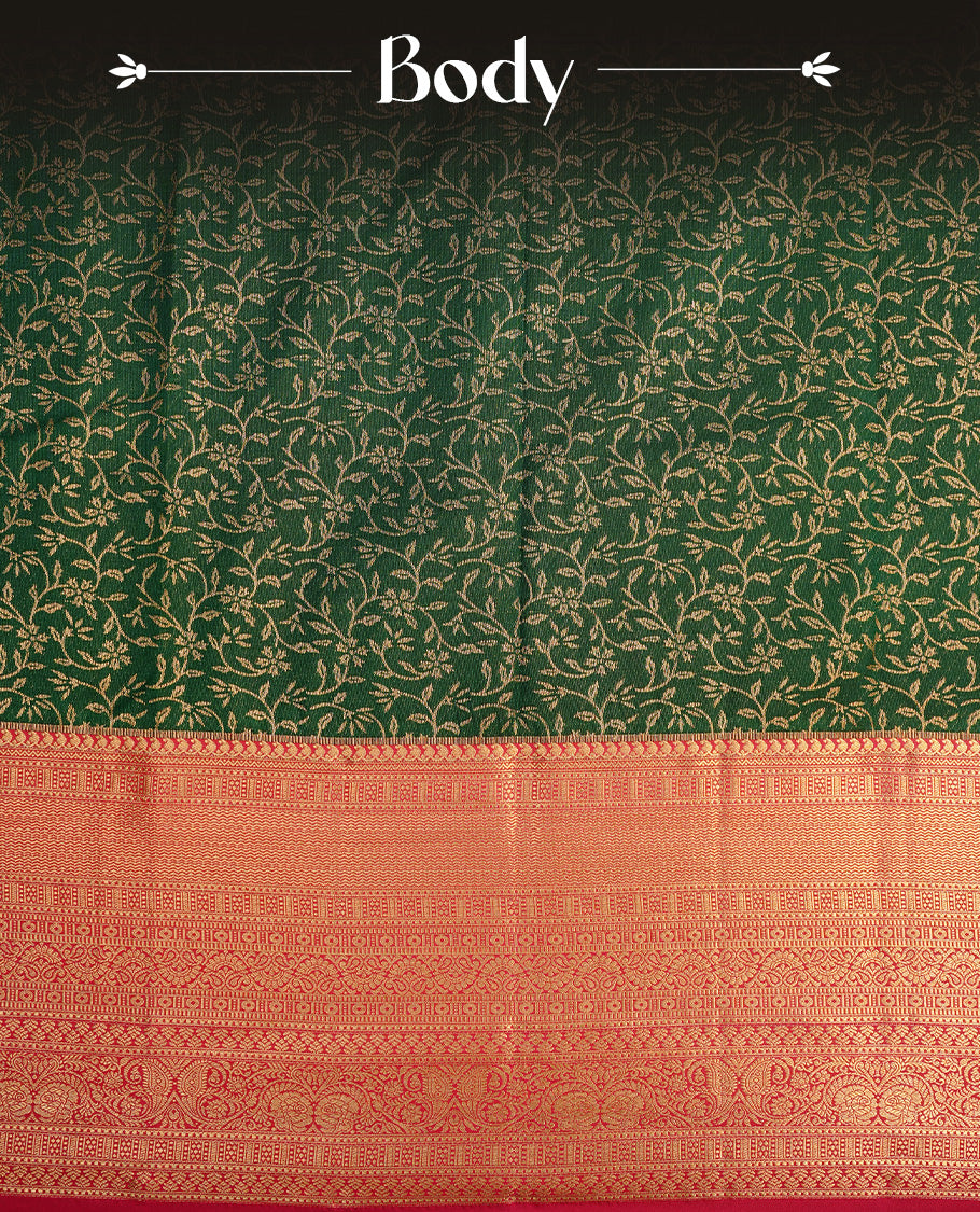 Green colour semi wedding saree featuring Gold zati floral kodi pattern on body, complemented by contrast magenta with traditional border, paired with matching blouse piece.