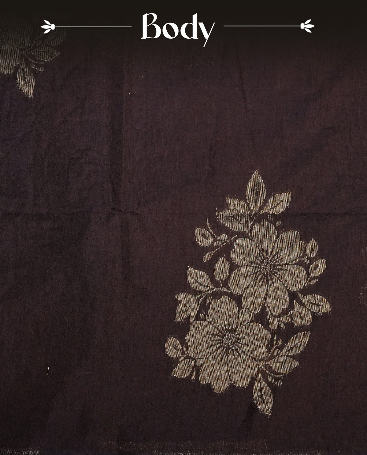 Dark brown  colour semi linen saree with elegant gold zari floral motifs across the body, complemented by a contrast  colour with grand gold zari pallu and a borderless design, paired with a matching blouse piece.