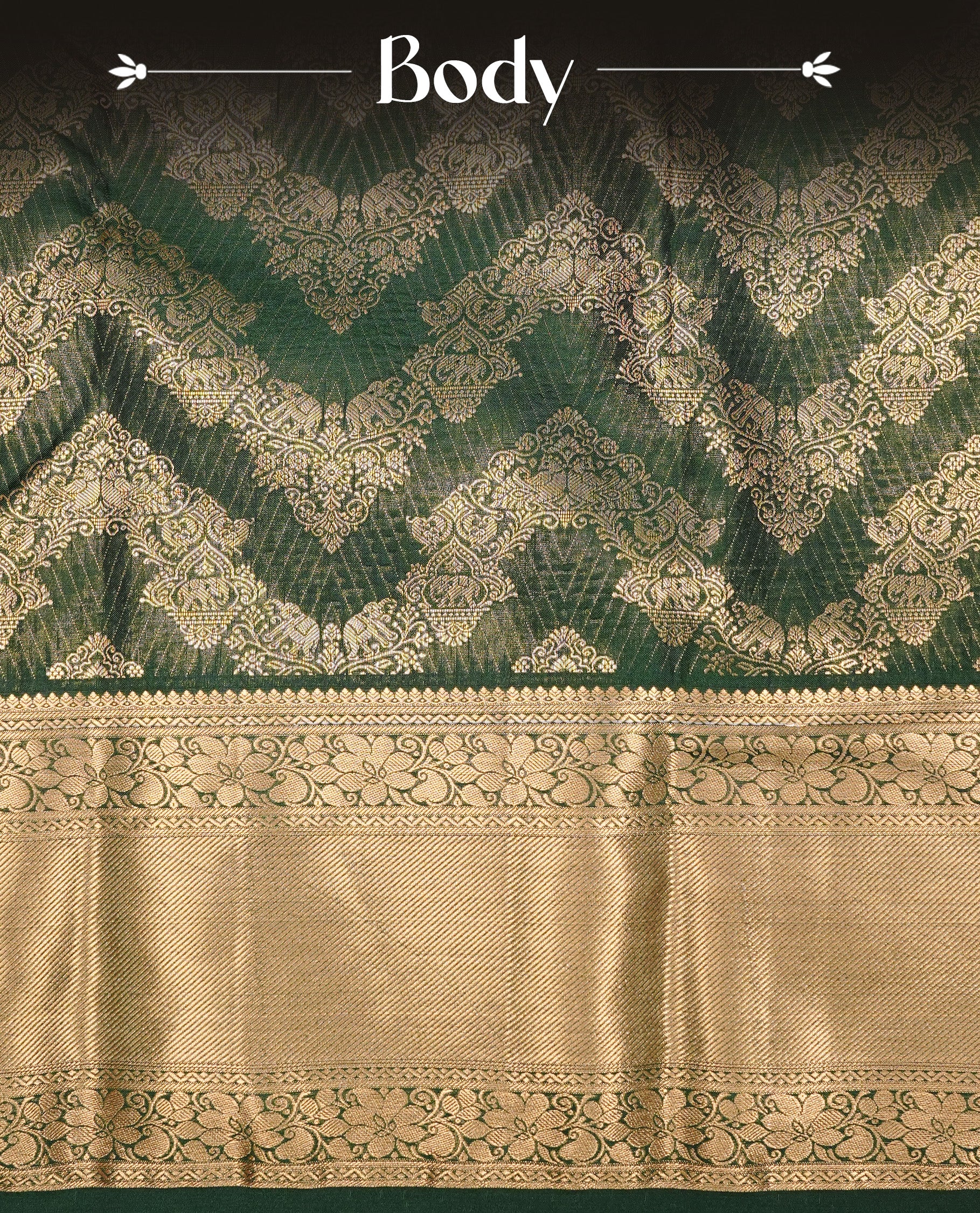 Bottle green Semi Wedding Silk Saree featuring Gold Zari zigzag pattern On body, Complemented with traditional zari with Self colour border, paired with matching blouse piece.