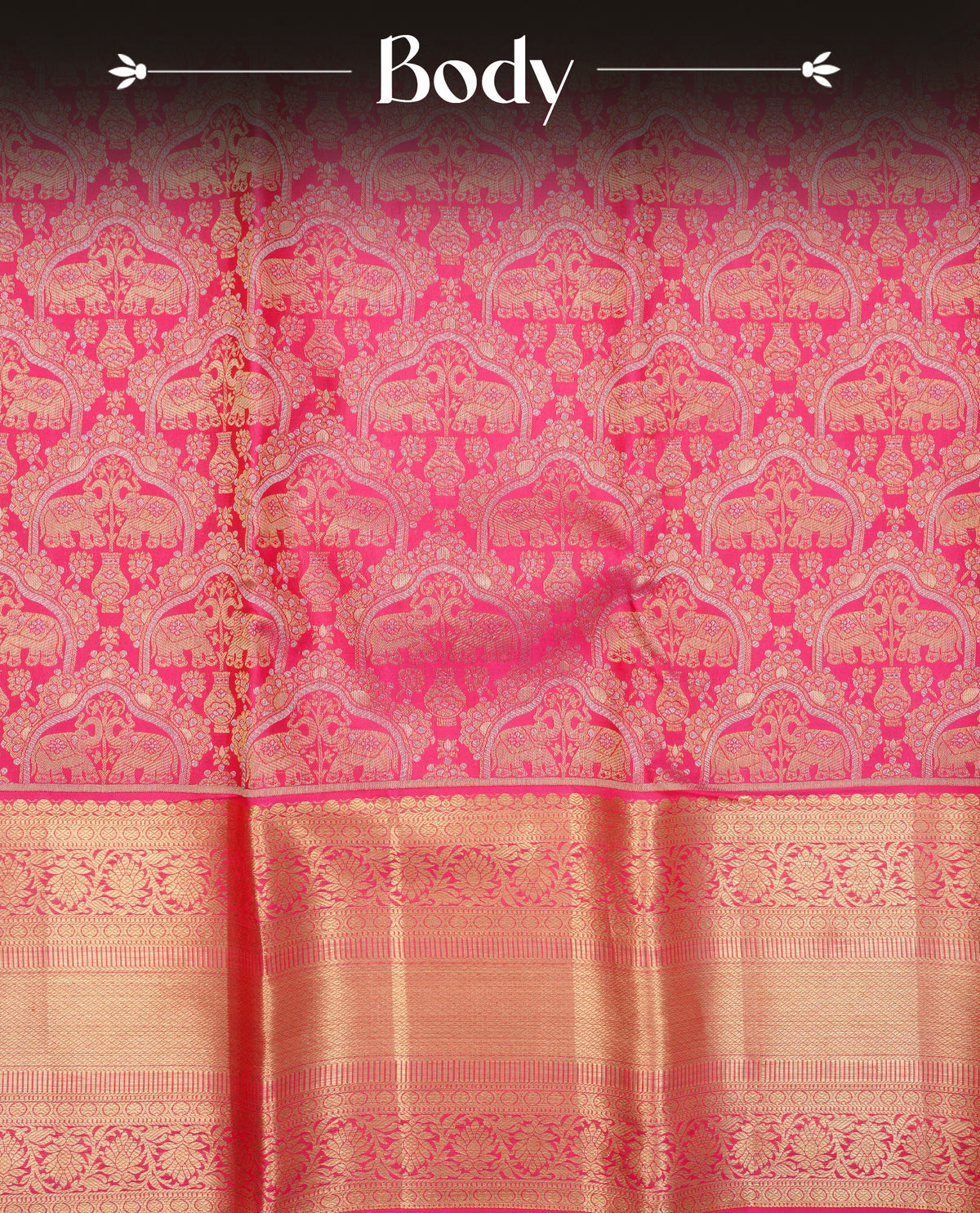 Magenta colour pure wedding silk saree featuring Gold & silver combined zari elephant pattern on body, complemented by self colour with traditional border, comes with matching blouse piece.