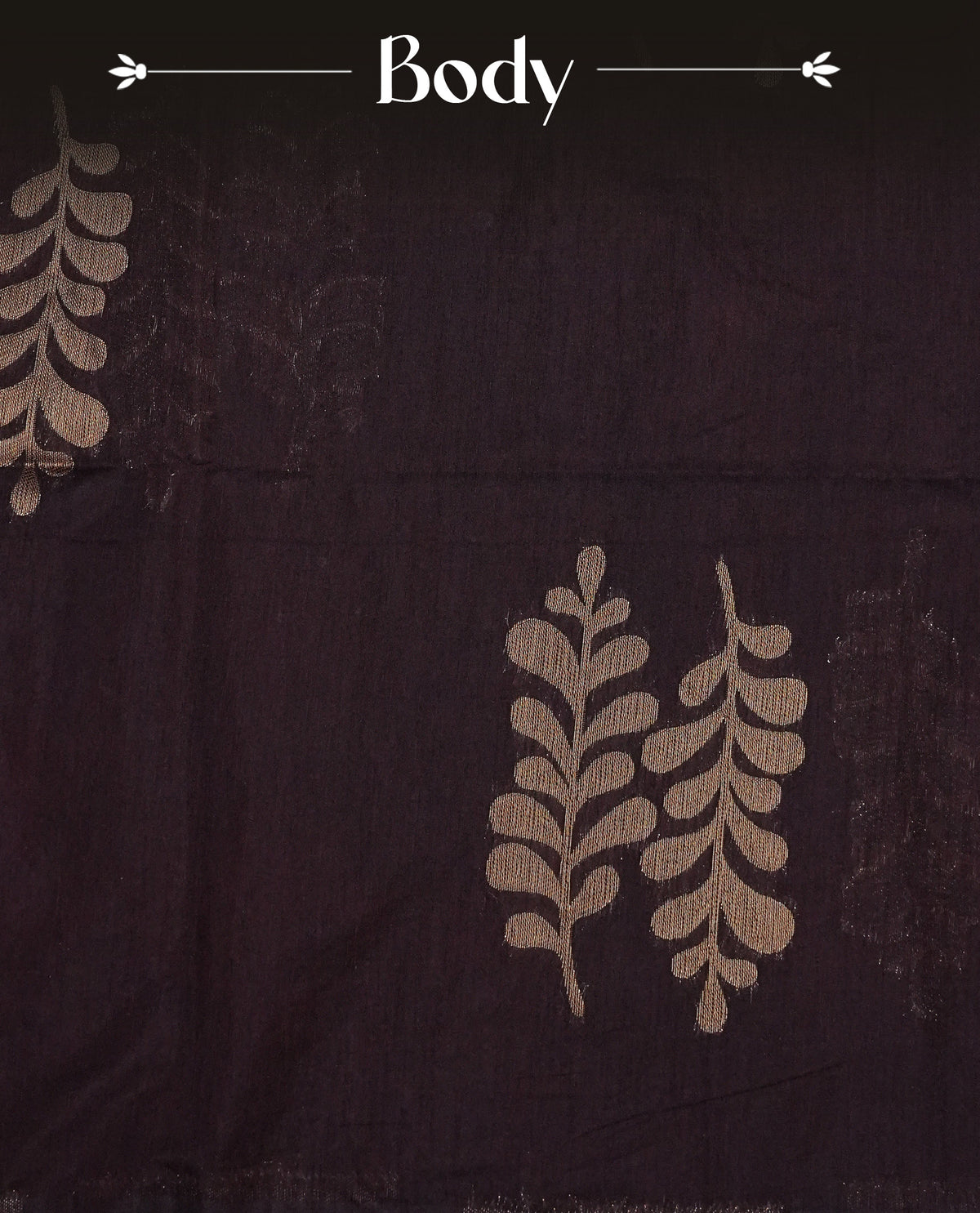Dark brown colour semi linen saree with elegant gold zari leaf motifs across the body, complemented by a contrast mustard  colour with grand gold zari pallu and a borderless design, paired with a matching blouse piece.