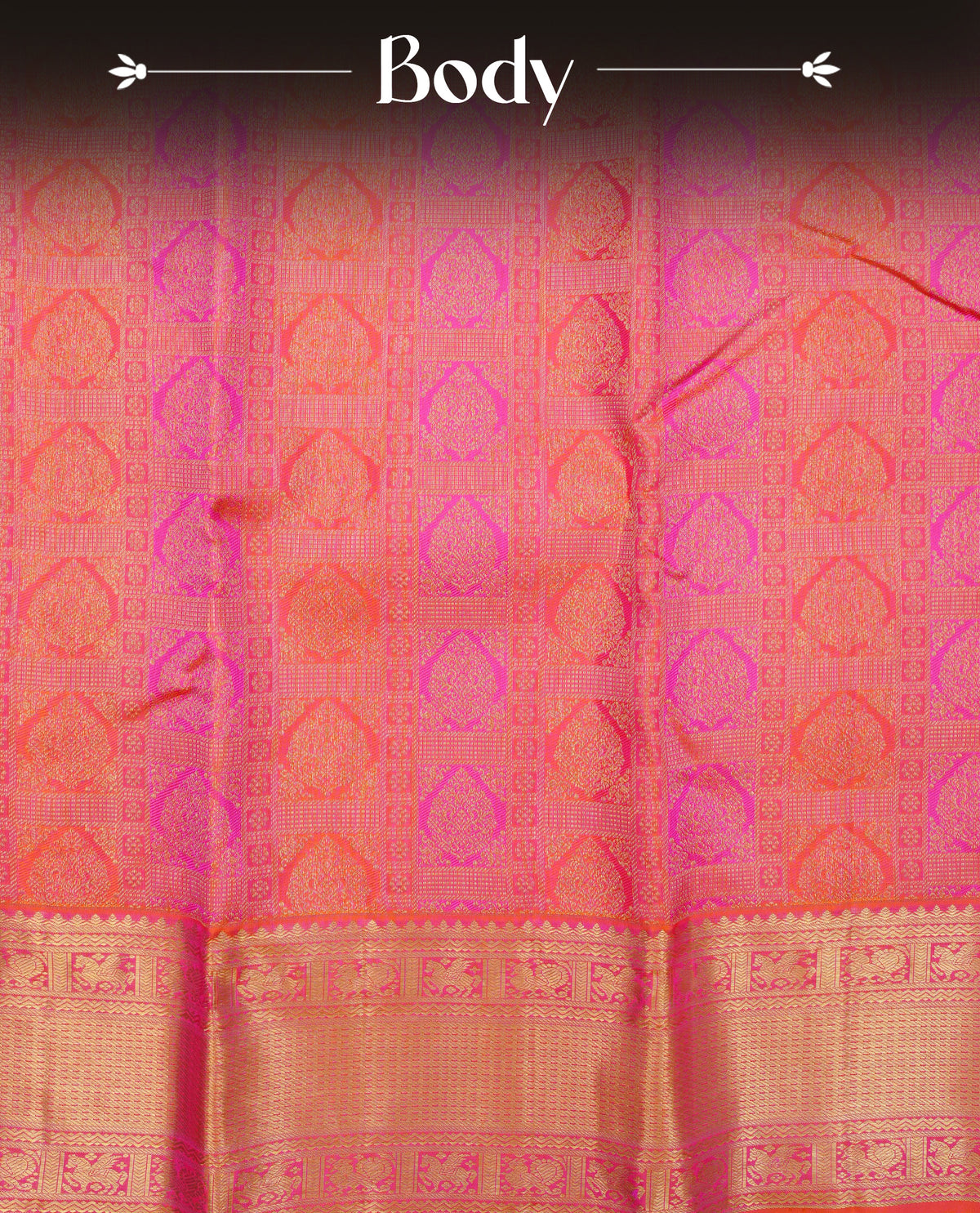 Orange colour pure wedding silk saree featuring gold zari Designed with magenta box pattern on body,complemented by self colour with traditional border, comes with matching blouse piece.